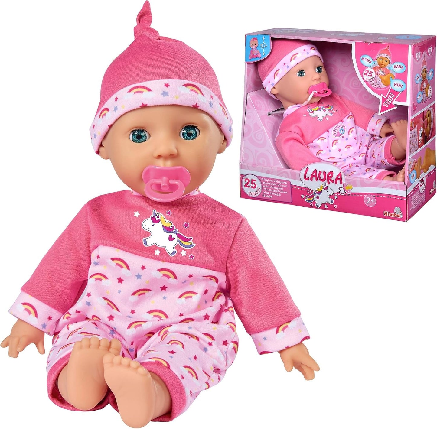 Simba 105140060 - Muñeca Laura Tickle Baby de cuerpo suave con colchón arcoíris, hace 25 sonidos de bebé, 38 cm, muñeca a partir de 2 años