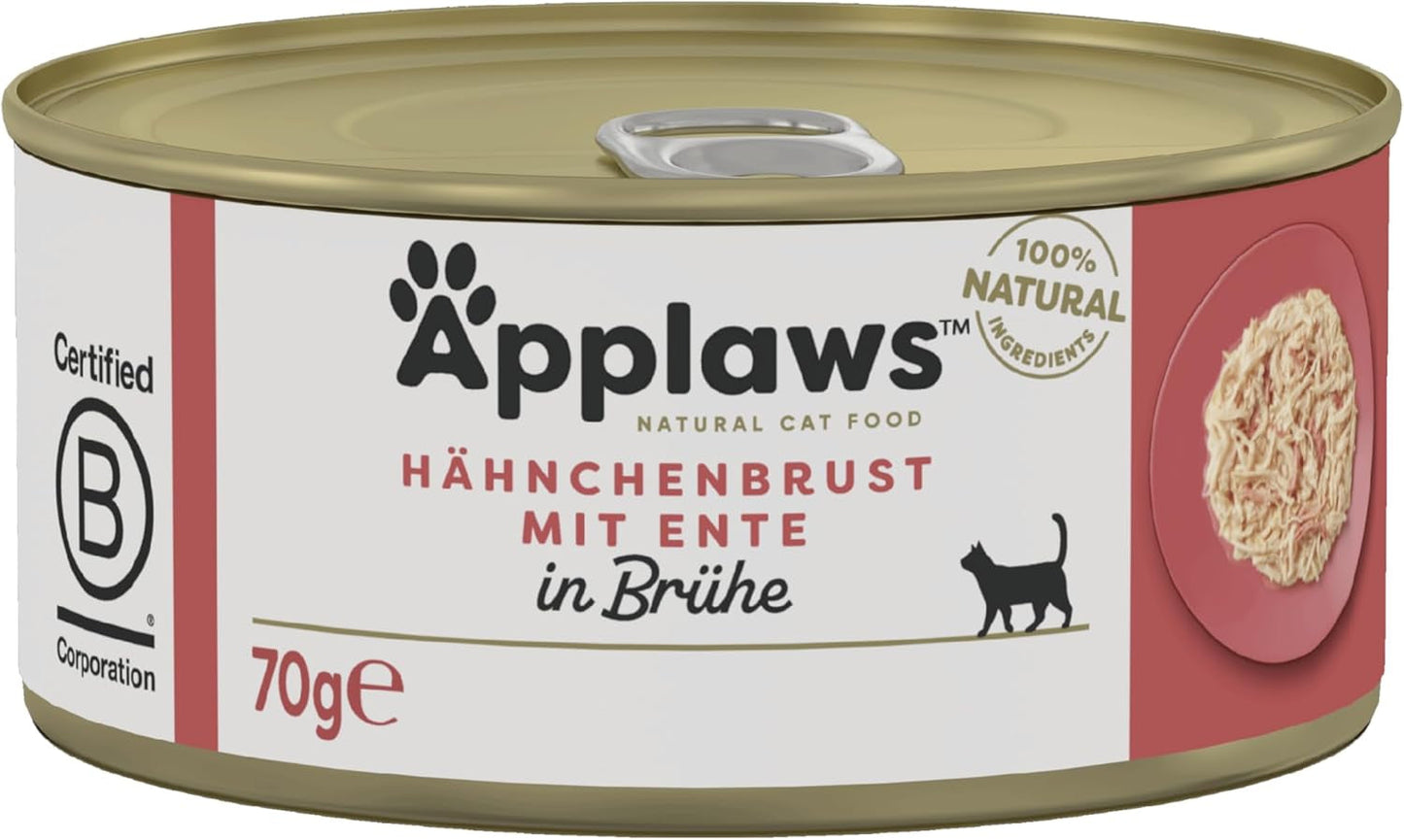 Applaws Premium Comida Húmeda Natural para Gatos, Pollo con Pato en Sopa, Enlatada 70g (24x70g)