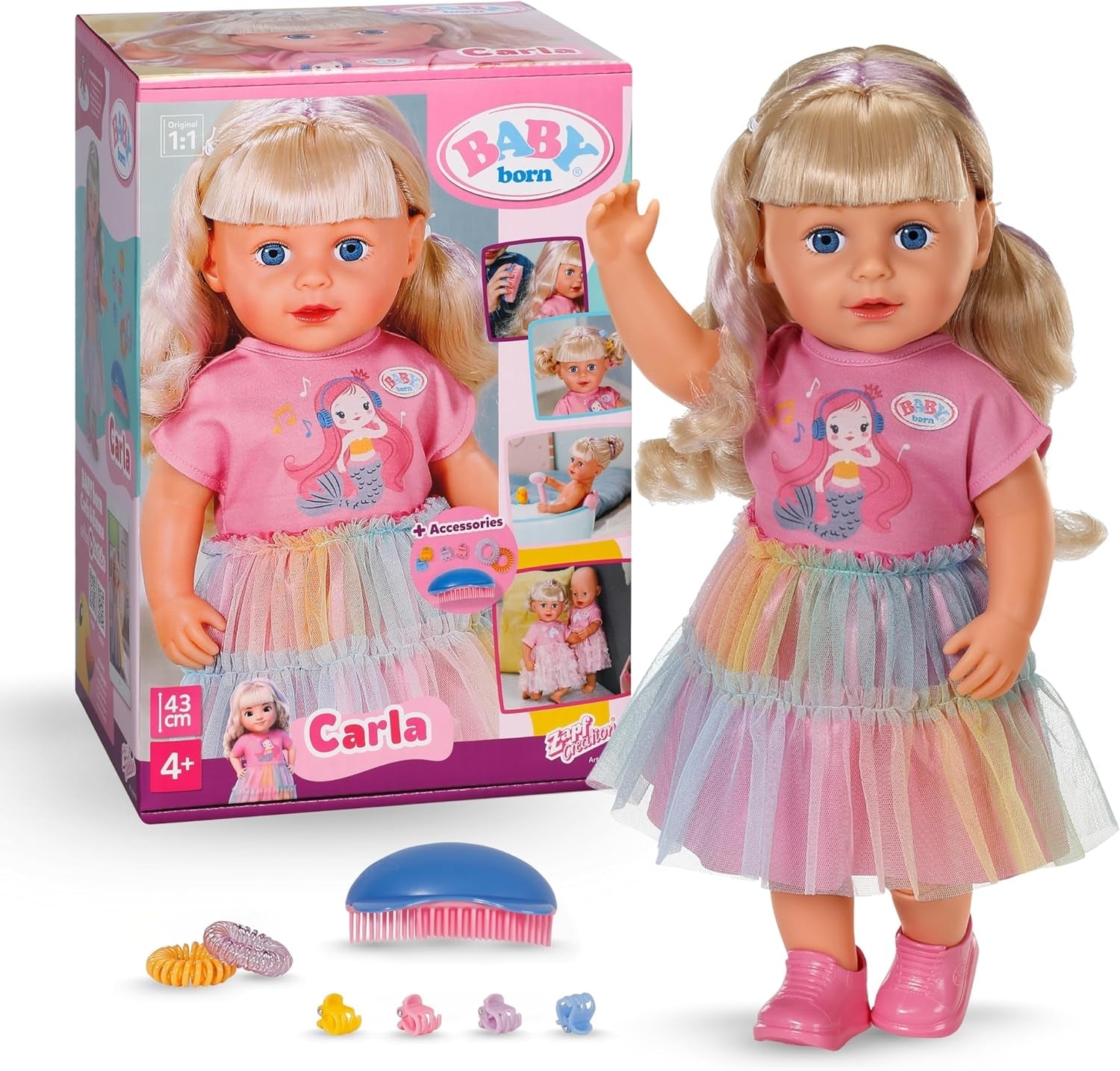 BABY born Carla - Muñeca 43 cm - Pelo rubio con mechones de gran calidad - No necesita pilas - Apta para niños a partir de 4 años - Incluye 7 accesorios, rosa