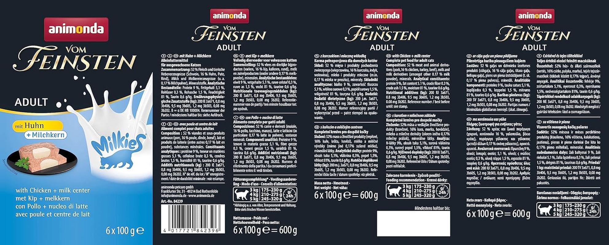 animonda Vom Feinsten Alimento para Gatos Adultos, Nassfutter für ausgewachsene Katzen, con Pollo + Leche, 6 x 100 g