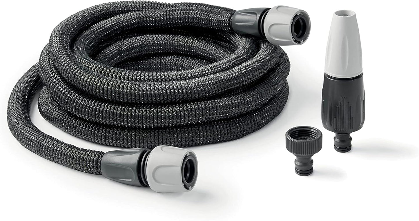 GF SRL, Aquapop Grey Easy 10, manguera trenzada autoextensible de 10 metros, fabricada en Italia, con mini pulverizador de jardín y conectores para riego de jardín, gris oscuro