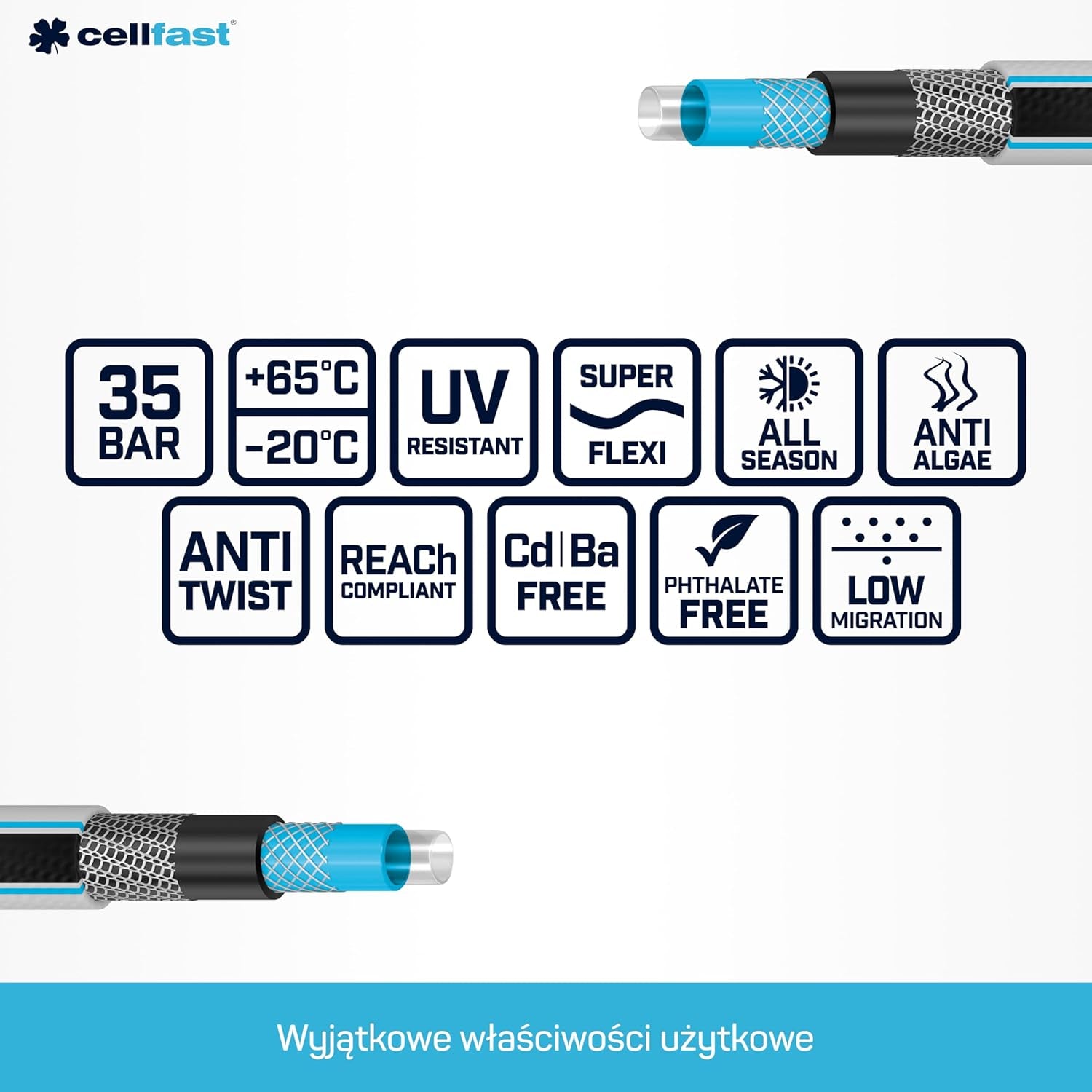 Manguera de jardín Cellfast MULTIFLEX PRO, duradera, 6 capas, trenza tejida ATS2, resistente a los rayos UV y a las algas, sin metales pesados, tecnología Velvet, 35 bar, -20/+65°C, 3/4", 30m