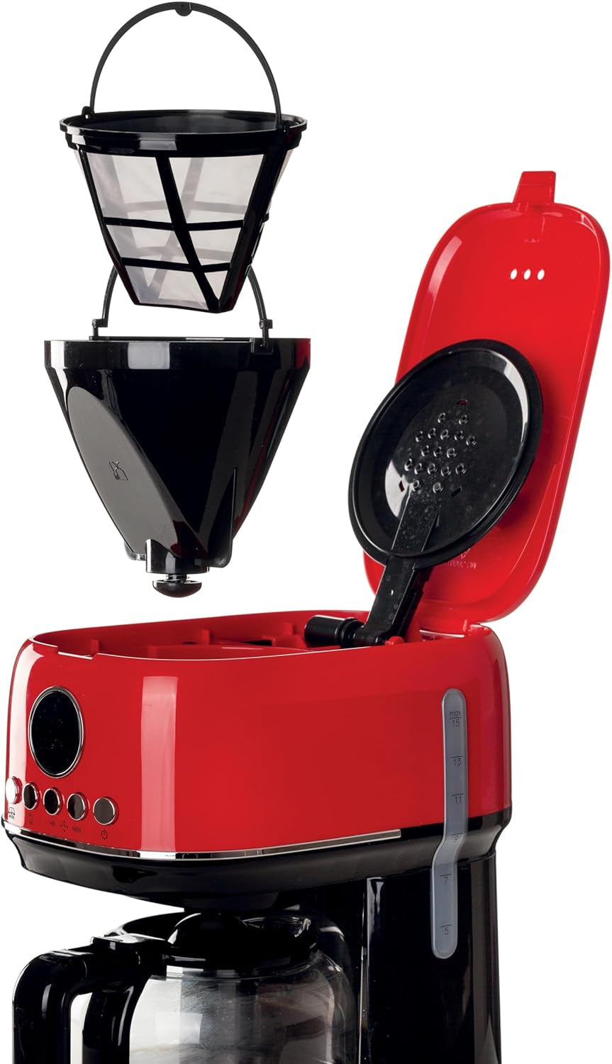 Ariete Moderna 1396 Cafetera espresso con filtro para preparar café americano hasta 15 tazas Jarra de cristal Placa calefactora Pantalla LCD Filtros extraíbles y lavables Blanco