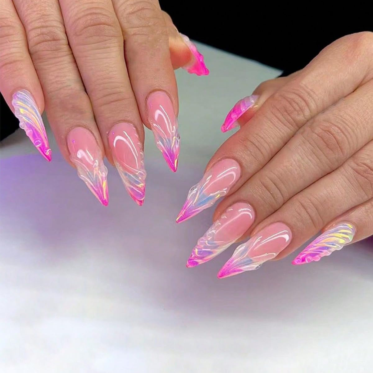 Mouyouglow-uñas largas Stiletto, color blanco lechoso, degradado, purpurina rosa, uñas postizas frescas con pegamento, uñas artificiales con purpurina rosa ombré