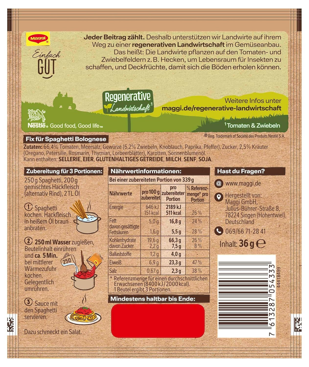 MAGGI Fix para espaguetis a la boloñesa, Würzmischung, ingredientes 100% naturales, para 3 porciones, 1 paquete (1 paquete de 36 g)