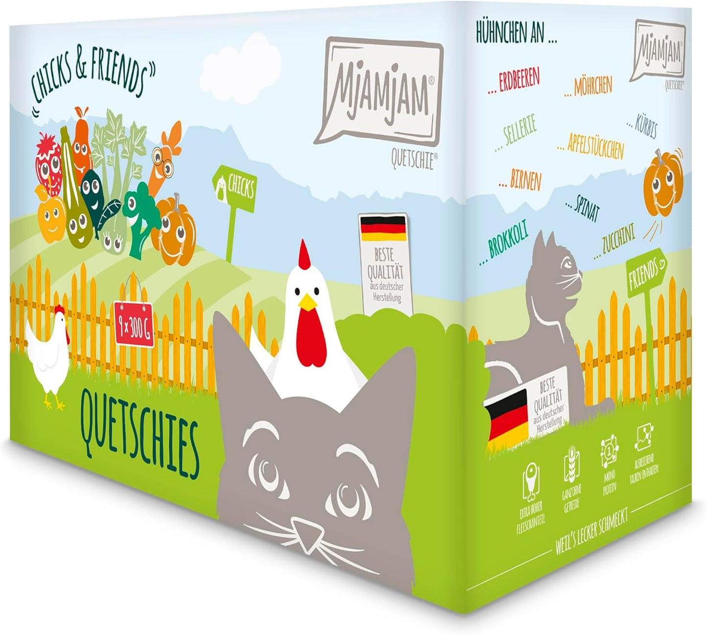 MjAMjAM - Premium Nassfutter für Katzen - Caja Chicks & Friends, paquete de 9 unidades (9 x 300 g), getreidefrei mit extra Fleisch