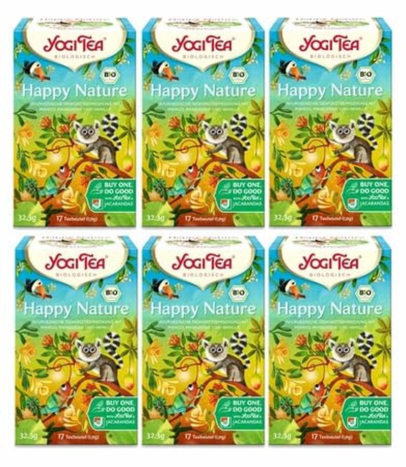 Yogi Tea - Happy Nature, Buy One and Do Good, té de hierbas con especias ayurvédicas orgánicas, mango, mandarina, mezcla de vainilla, paquete de 6 té Yogi, 6 x 17 bolsitas de té (102 bolsitas de té en total)