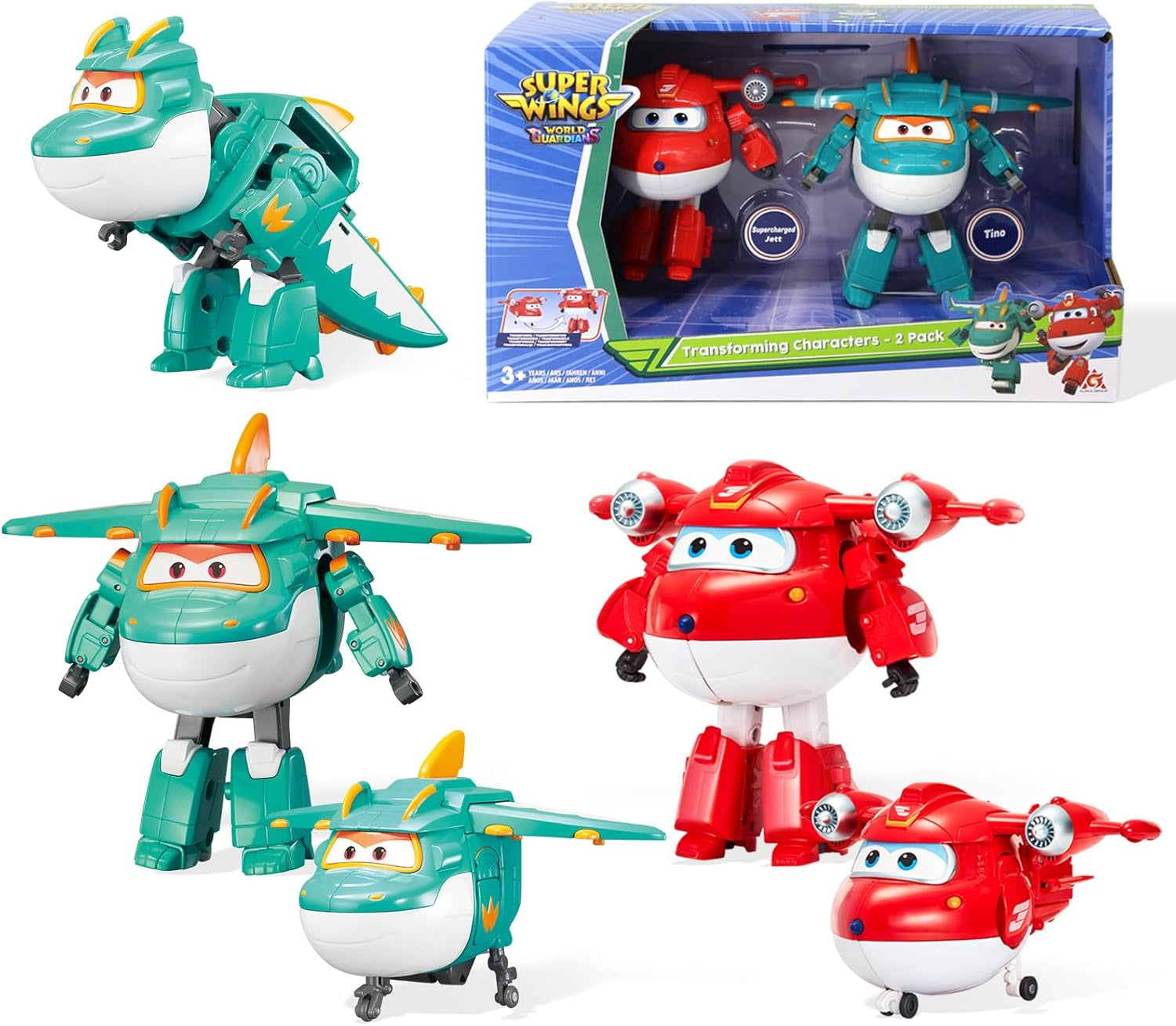 Super Wings Personajes transformadores de 5" Paquete de 2 Jett transformador supercargado + Tino Juguete transformador para niños y niñas a partir de 3 años Figuras de acción rojas Naty Shop Jett Tino