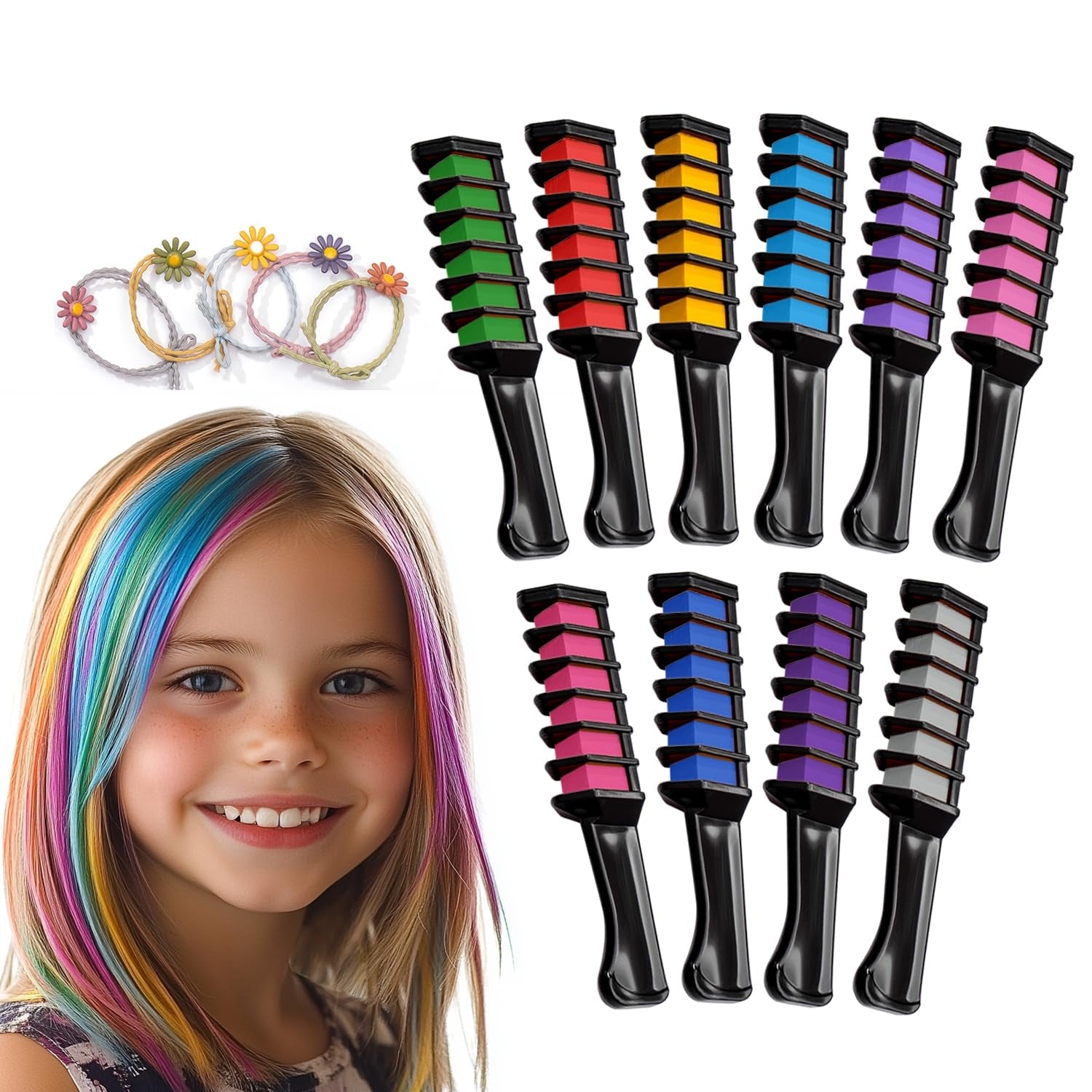 Magicat Tizas para el Cabello para Niña Set I 10 Colores Lavables y 5 Gomas para el Cabello I Regalo para Niñas de 4 a 10 Años I Regalo Creativo para Fiesta de Cumpleaños Infantil 2025 I Tinte para el Cabello Naty Shop Seguro y Colorido 200 G (1 Paquete)