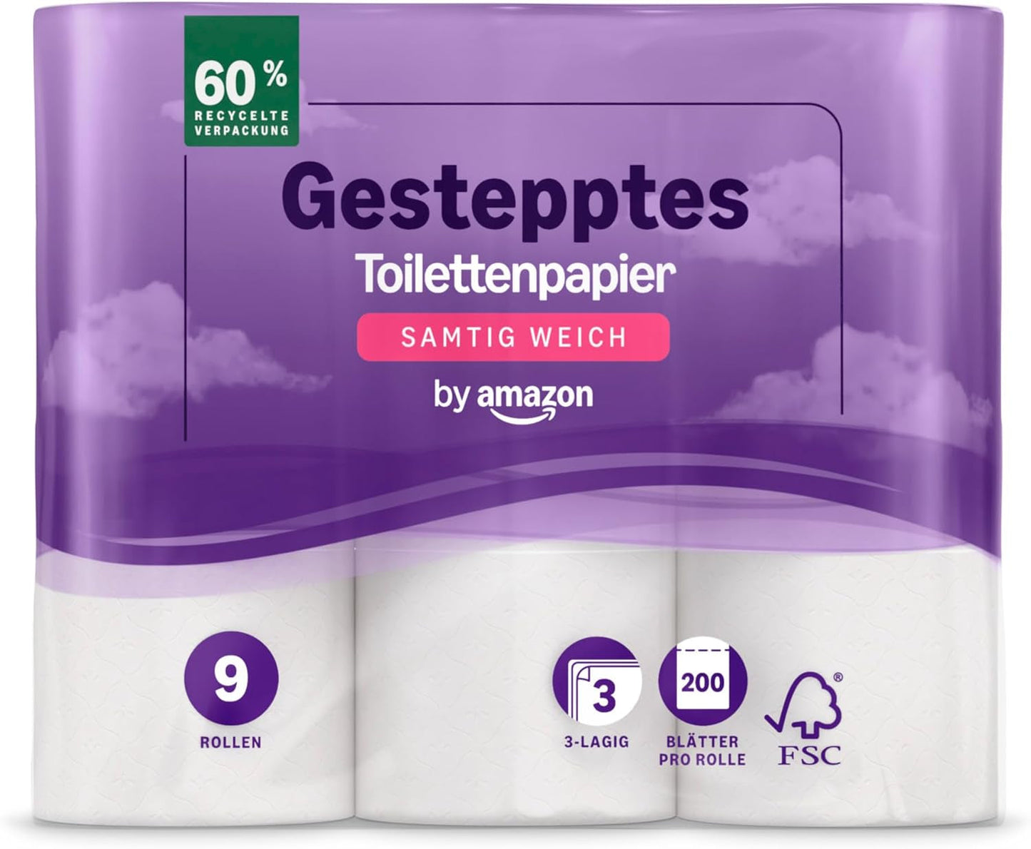 By Amazon Papel higiénico, acolchado de 3 capas, suave aterciopelado, 36 rollos (9 rollos, paquete de 4), 200 hojas por rollo, certificado Fsc