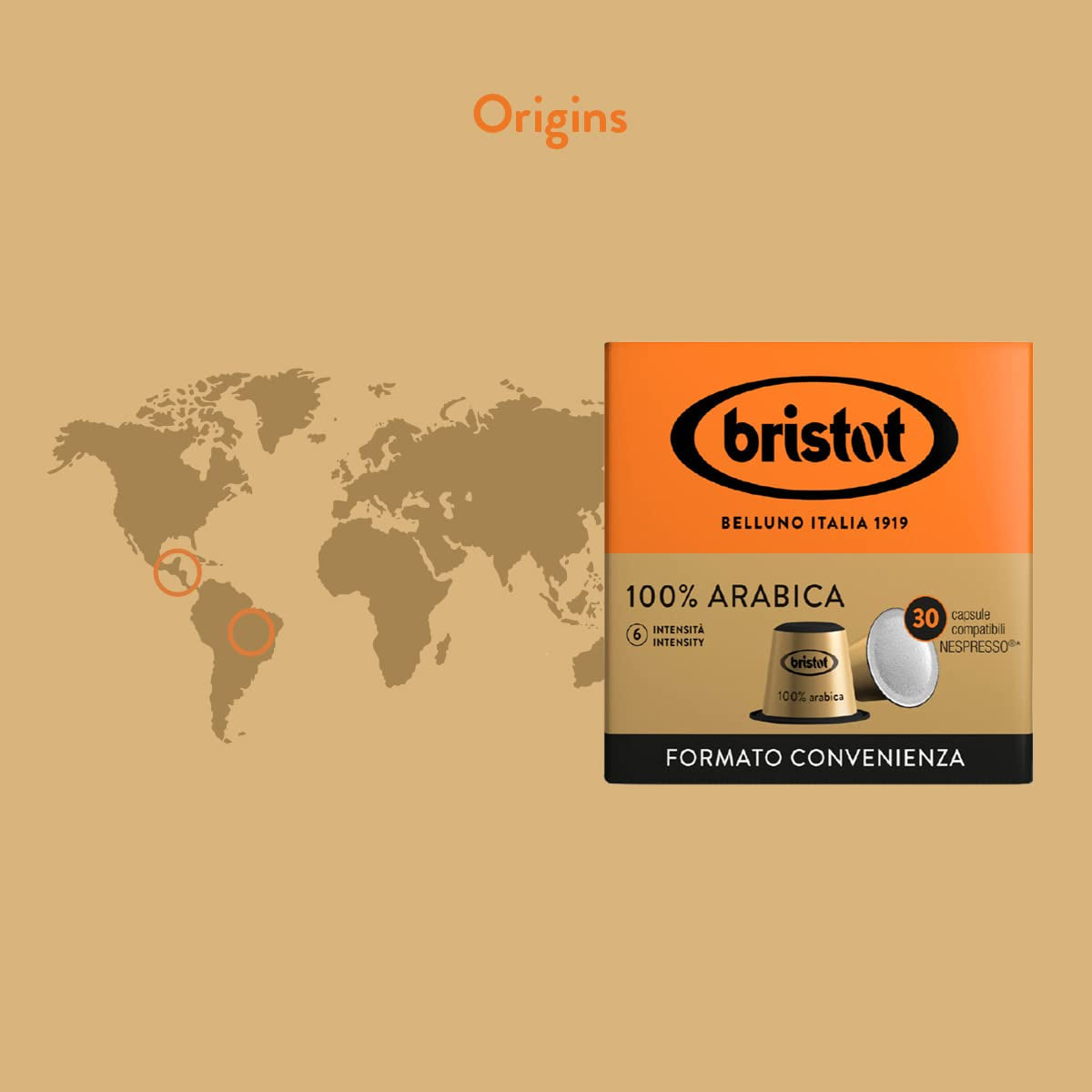 Bristot, café 100% Arábica – 120 cápsulas compatibles con Nespresso – Kaffeemischung aus Mittelamerika und Brasilien, Schokolade und Trockenfrüchtenoten – 4 paquetes por 30 cápsulas