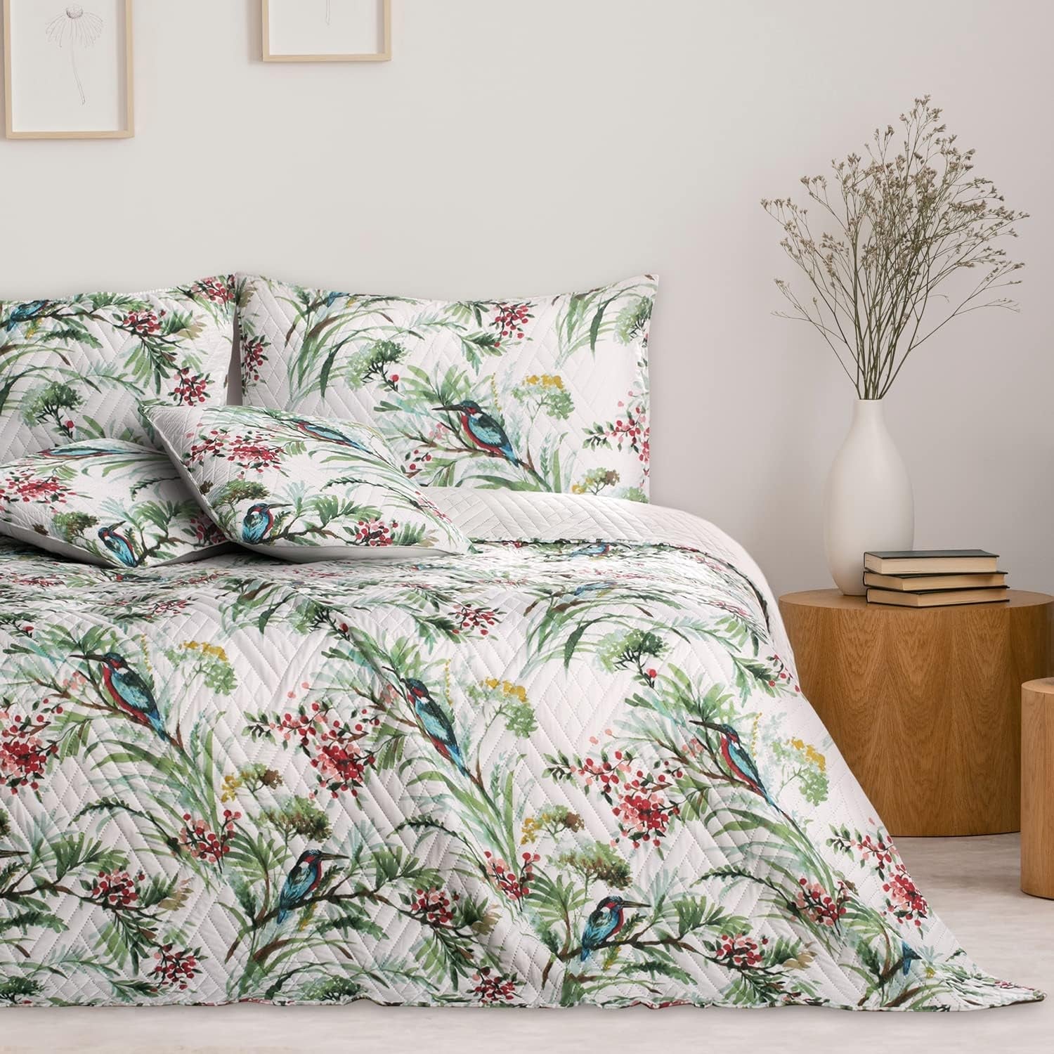 Ameliahome Colcha Colcha 260X280 Cm Acolchado De Doble Cara De Fácil Cuidado Estampado De Plantas Estampado De Pájaros Kingfisher Multicolor Camas Y Mantas Besuche den AmeliaHome-Store