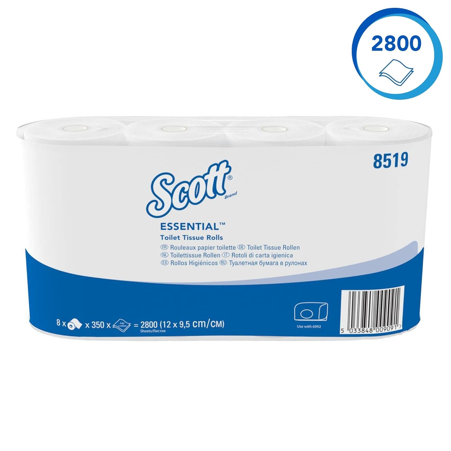Papel higiénico Scott® Essentialtm 8519 Papel higiénico de fibra reciclada con certificación FSC blanco de 2 capas 64 rollos x 350 hojas (total 22,400 hojas)