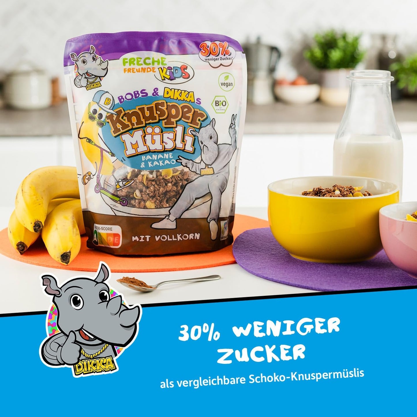 FRECHE FREUNDE KIDS, Bobs & DIKKAs Muesli crujiente de plátano y cacao, Muesli crujiente de chocolate para niños, bajo en azúcar, sin aditivos, 100% vegano, 6 piezas (6 x 280 g)