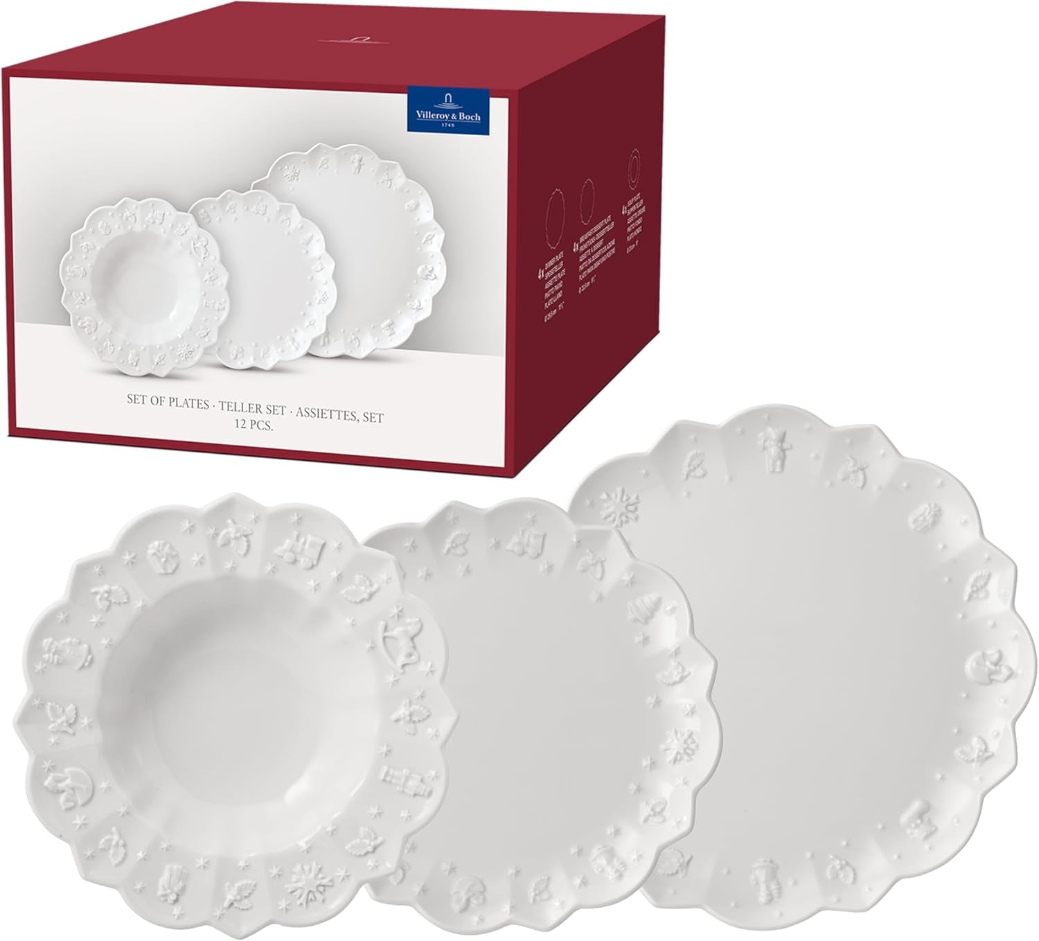 Villeroy & Boch Toy's Delight Royal Classic Vajilla de 12 piezas, Apta para lavavajillas y microondas, Blanco, Platos, Vajilla para 4 personas, Vajilla navideña, Juguetes, Porcelana Premium