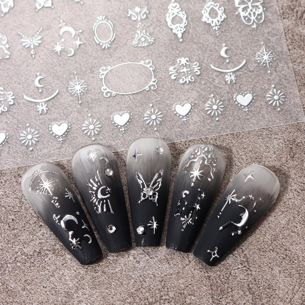Pegatinas de uñas metálicas plateadas 3D, pegatinas de uñas para mujeres, estrella, luna, sol, láminas para uñas, pegatinas autoadhesivas, pegatinas de uñas de mariposa, pegatinas de uñas, accesorios de diseño de uñas, 8 piezas