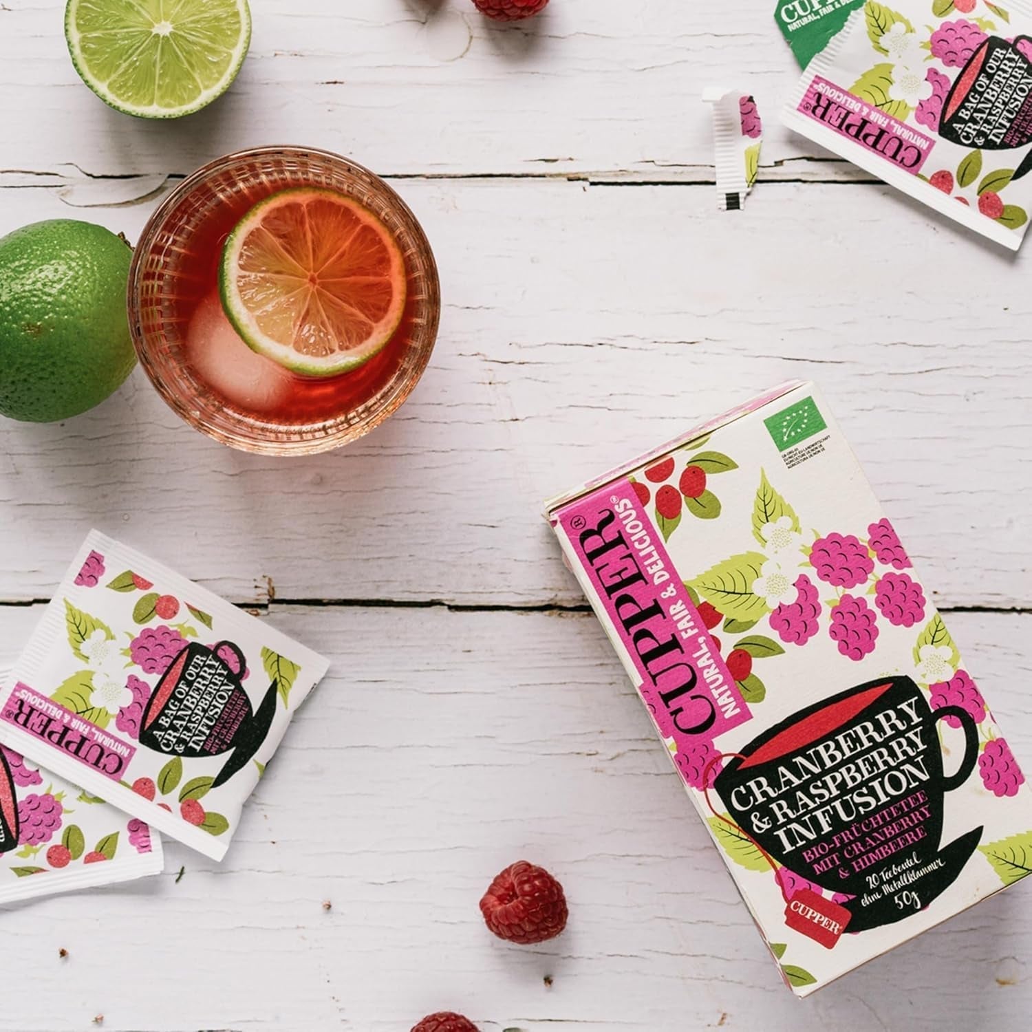 4Er Pack CUPPER Té de Frutas Orgánico "Infusión de Arándano y Frambuesa", 4X20 bolsitas de té no blancas, orgánico, comercio justo