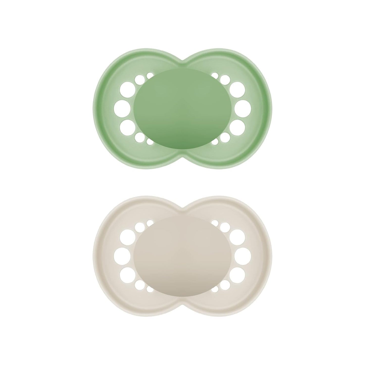 MAM Chupetes Originales, Pack de 2, Chupetes respetuosos con los dientes, fabricados con materiales sostenibles y bioregenerables, Tetinas de silicona MAM SkinSoft, con caja para chupete, 6-16 meses, Verde/Beige