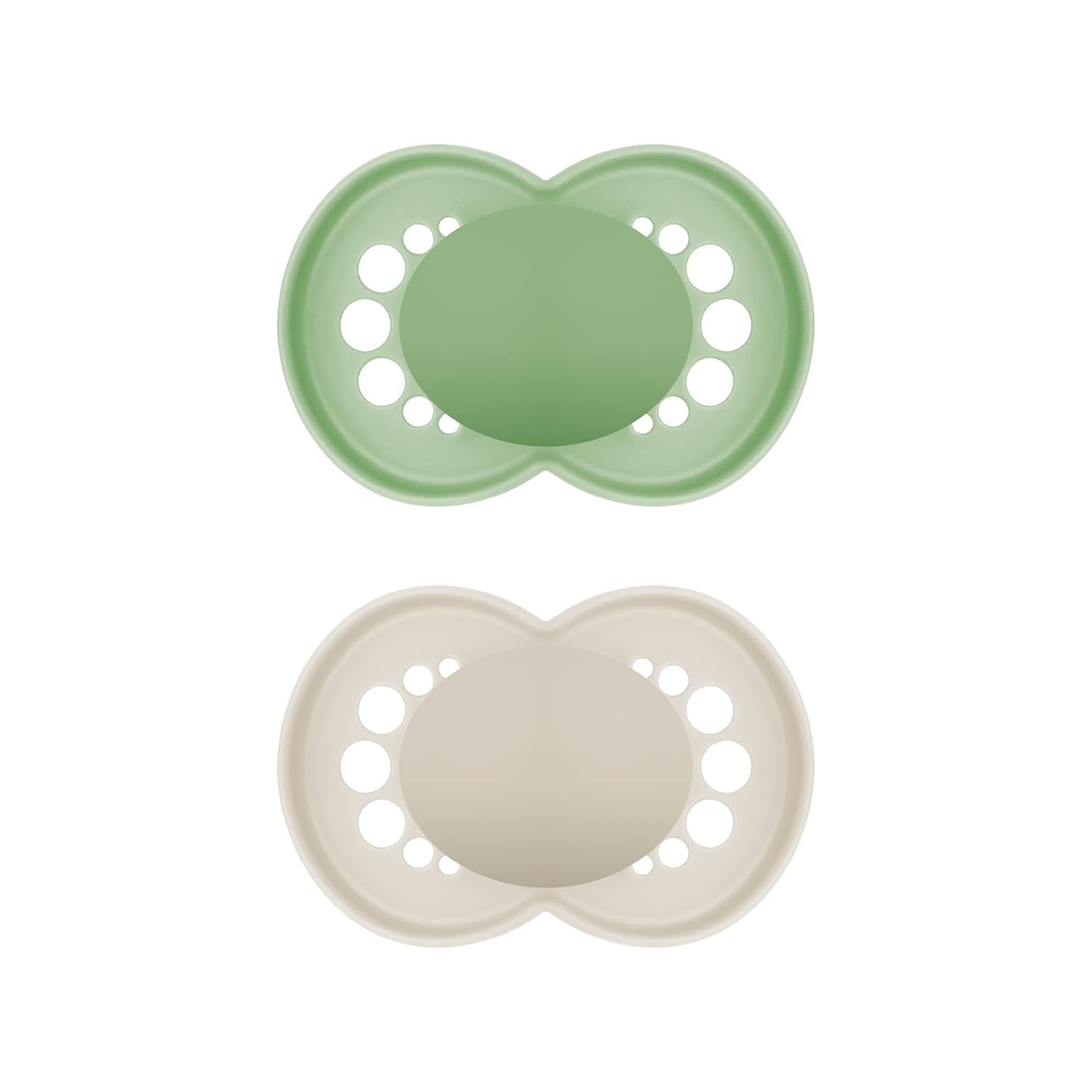 MAM Chupetes Originales, Pack de 2, Chupetes respetuosos con los dientes, fabricados con materiales sostenibles y bioregenerables, Tetinas de silicona MAM SkinSoft, con caja para chupete, 6-16 meses, Verde/Beige