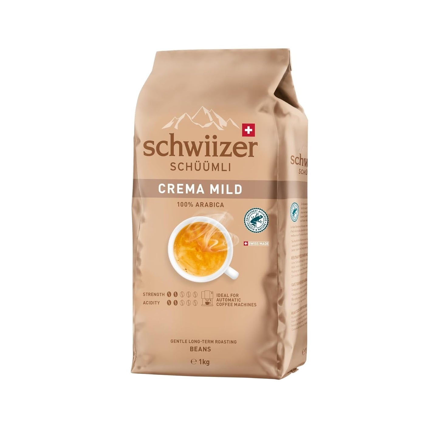 Schwiizer Schüümli Crema Mild, café en grano 100% Arábica fino, armonioso y suave, ideal para máquinas automáticas de espresso, concentración 2/5, tueste ligero, Rainforest Alliance, 1kg