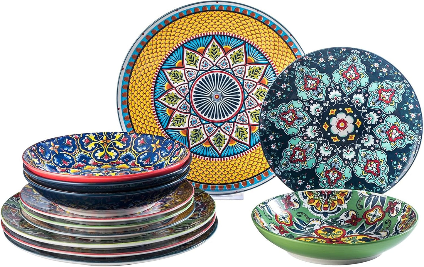 HENXFEN LEAD Vajilla de Porcelana, Vajilla de 12 Piezas para 4, Vajilla Colorida para 4 - Platos Pintados a Mano, Platos de Postre, Platos de Sopa - Estilo Bohemio