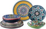HENXFEN LEAD Vajilla de Porcelana, Vajilla de 12 Piezas para 4, Vajilla Colorida para 4 - Platos Pintados a Mano, Platos de Postre, Platos de Sopa - Estilo Bohemio