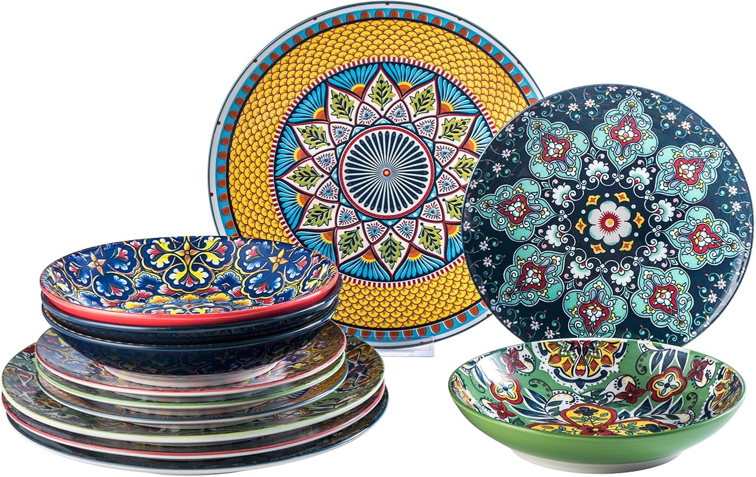 HENXFEN LEAD Vajilla de Porcelana, Vajilla de 12 Piezas para 4, Vajilla Colorida para 4 - Platos Pintados a Mano, Platos de Postre, Platos de Sopa - Estilo Bohemio