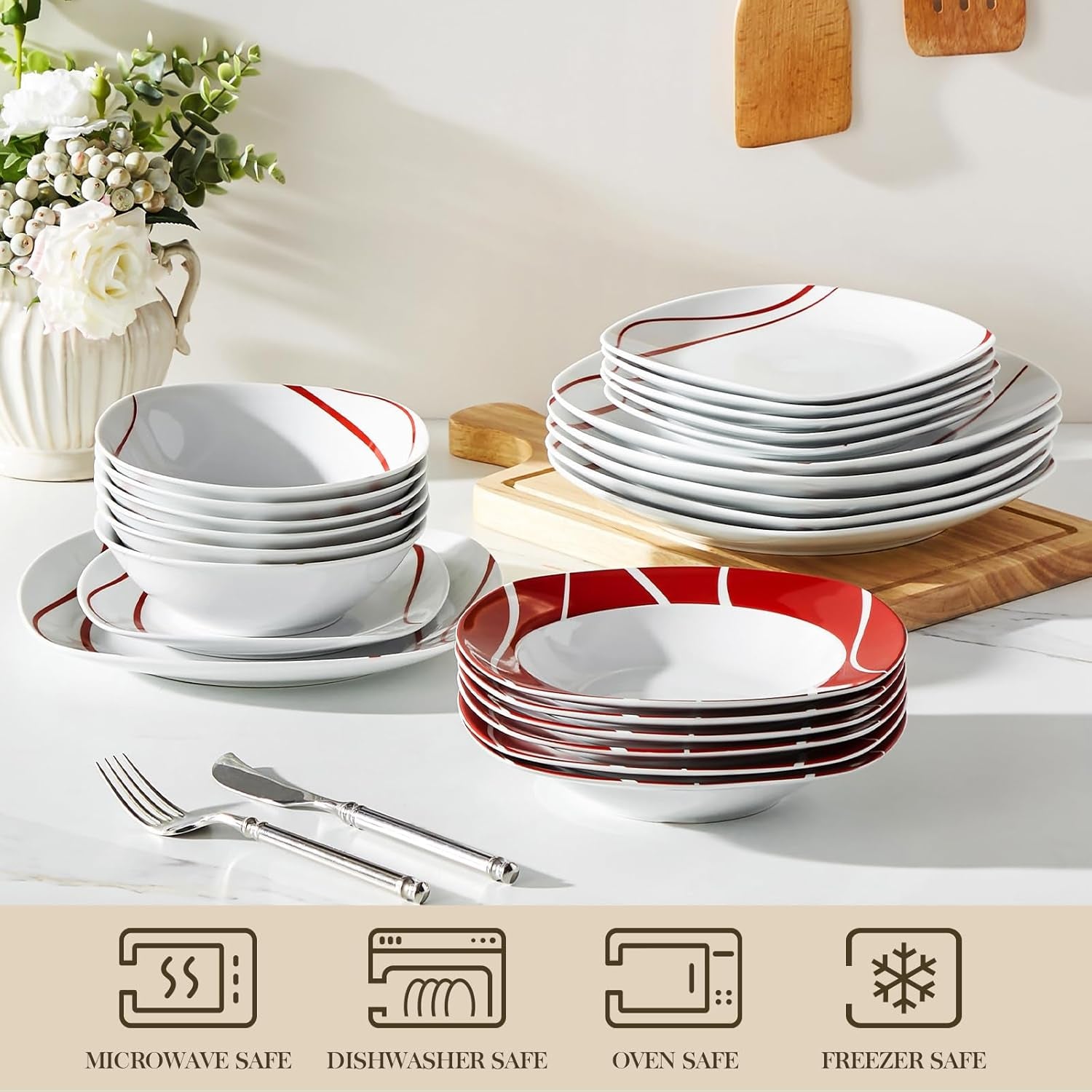 MALACASA Vajilla para 6, Vajilla de Porcelana Felisa 24 Piezas, Vajilla Moderna con 6 Platos Llanos, Platos de Postre, Platos Suma y Cuencos, Perfecto para Navidad y Uso Diario