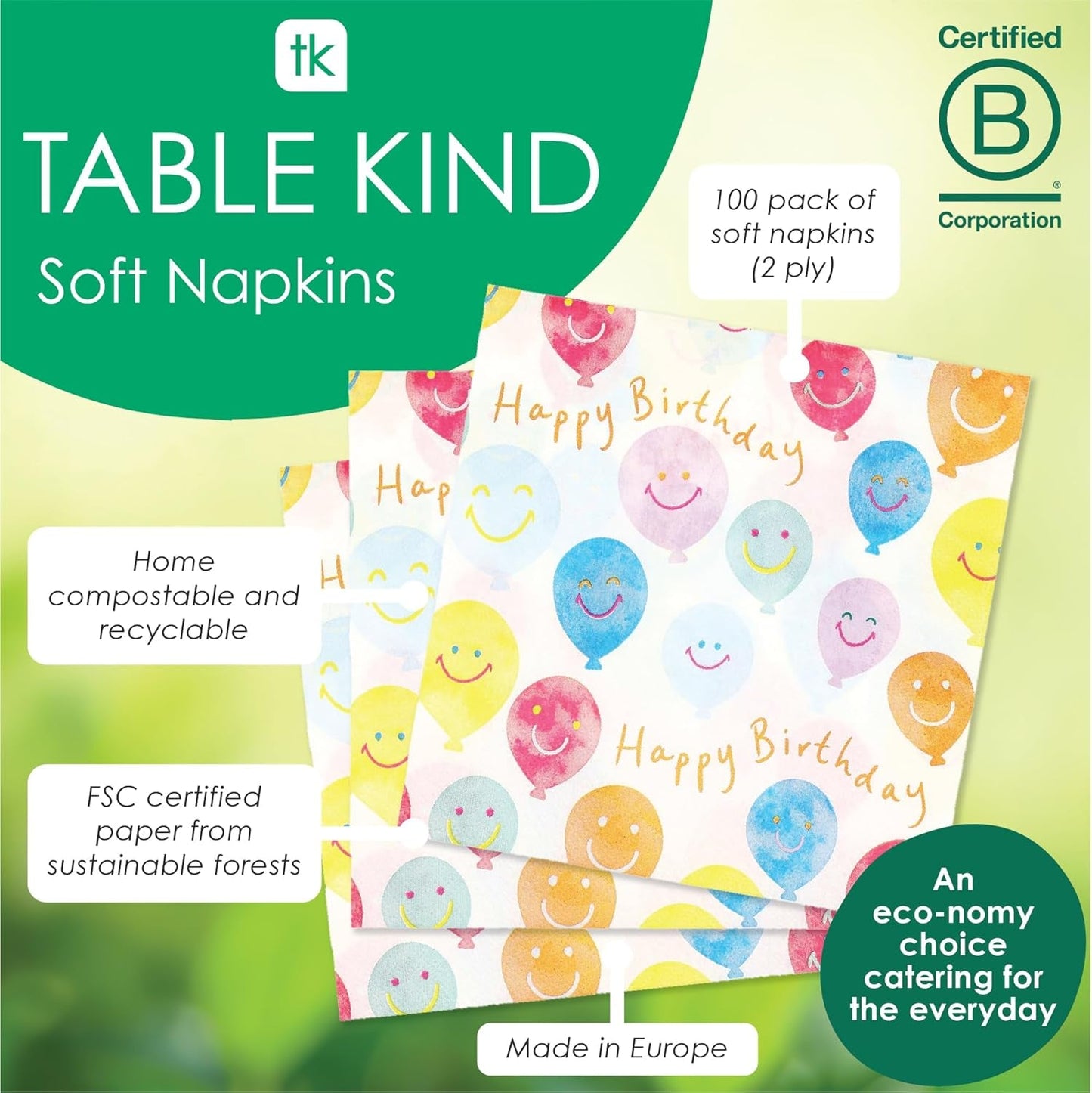 Servilletas de papel con cara sonriente de feliz cumpleaños de alta calidad Servilletas de globos para catering de fiestas Servilletas desechables ecológicas compostables duraderas reciclables