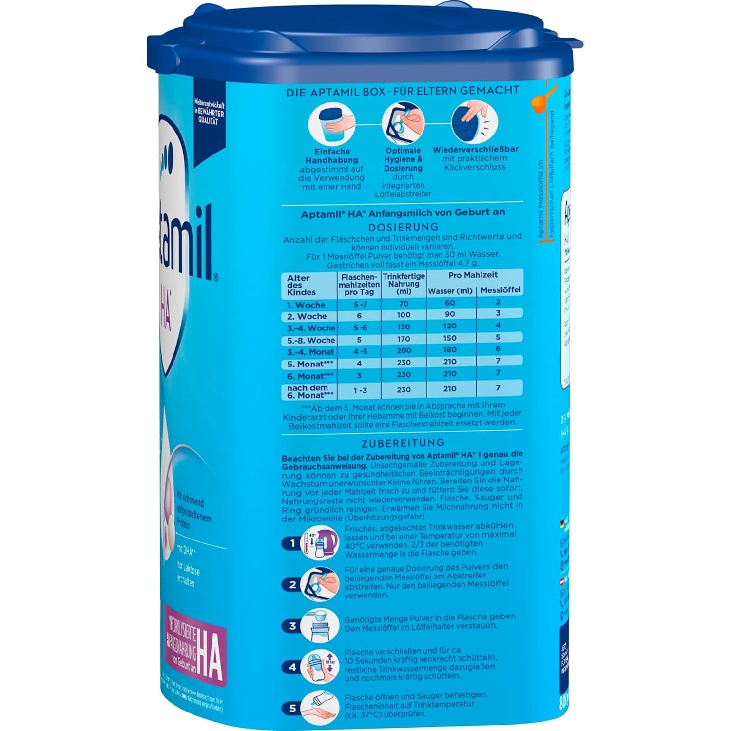 Aptamil HA 1 – Anfangsmilch von Geburt an, Mit DHA, Nur Lactose, Ohne Palmöl, Babynahrung, Milchpulver, 1x 800 g (Paquete con 4)