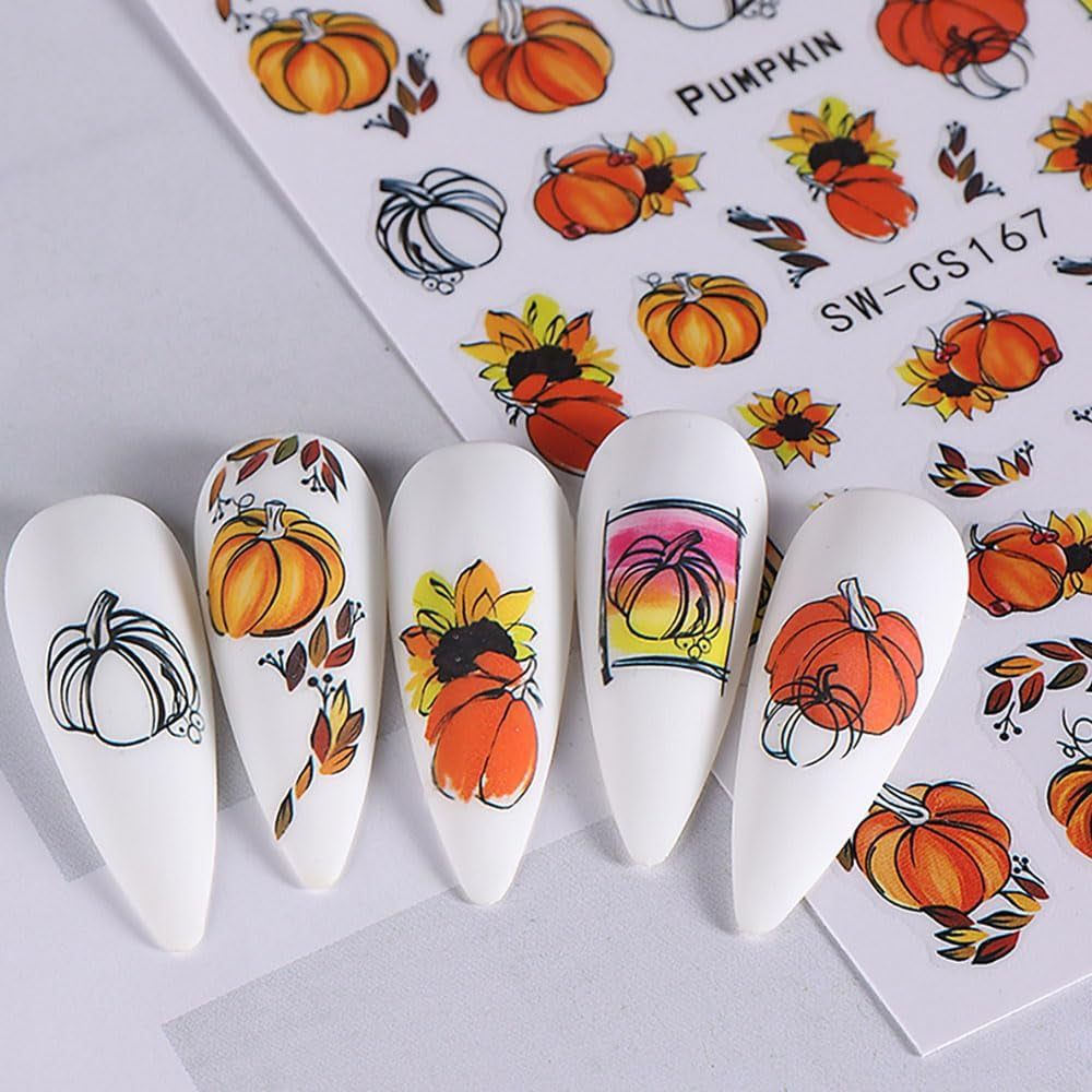 Pegatinas de uñas de otoño 3D, pegatinas de uñas de hojas de calabaza, líneas geométricas, flores, pegatinas de uñas, diseño del día de Acción de Gracias, pegatinas de uñas de calabaza de otoño, accesorios de uñas, arte de uñas