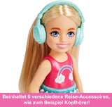 Muñeca Barbie Chelsea y accesorios, juego de viaje para cachorros de 6 piezas que incluye jaula para perros HJY17