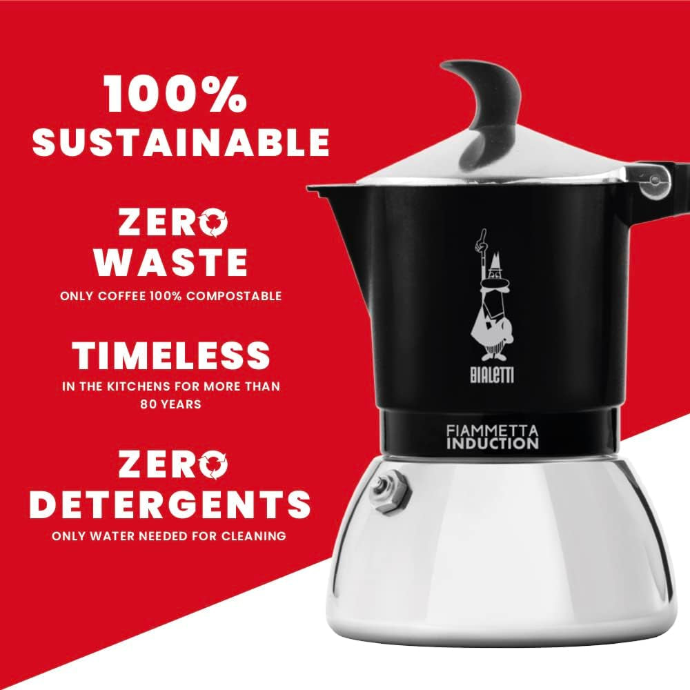 Bialetti Fiammetta Cafetera de inducción, 2 tazas (100 ml), apta para todo tipo de fuegos, diseño elegante, negra