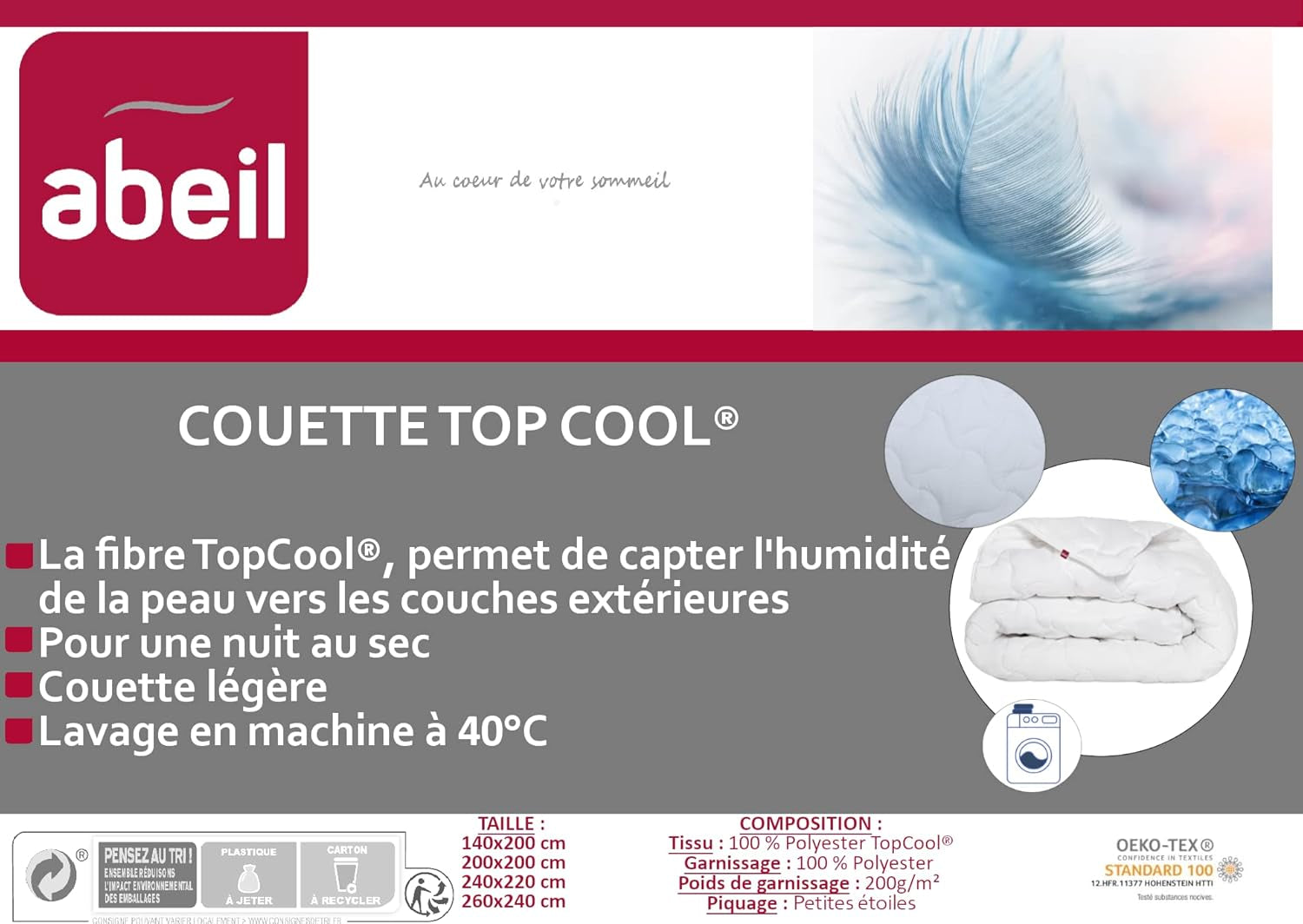 Abeil 1388 Edredón Topcool, fino, regulador de humedad, blanco, 240 x 260 cm Edredones y edredones Naty Shop