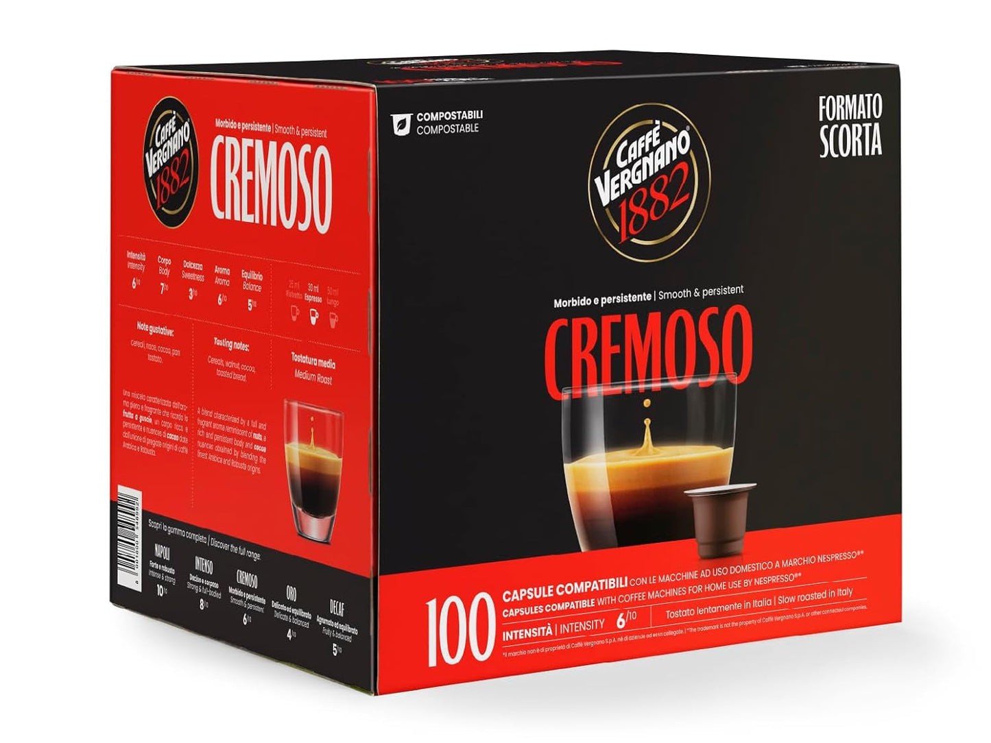 Caffè Vergnano 1882 - Café Èspresso Compostable, Compatible con Nespresso, Cremoso (Cremoso) - Packung Enthält 100 Kapseln