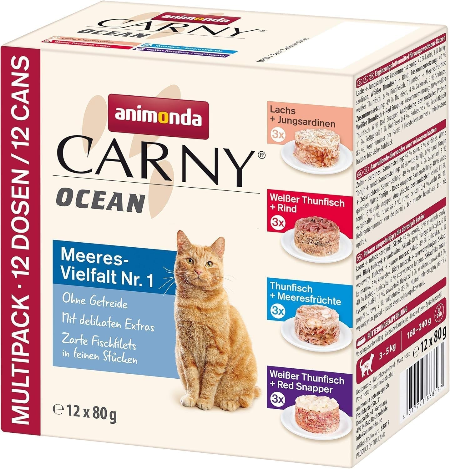 animonda Carny Adult Ocean Marine Variety No. 1 (12 x 80 g), comida húmeda para gatos adultos, comida húmeda con filetes de pescado tierno, comida para gatos sin cereales y sin azúcar