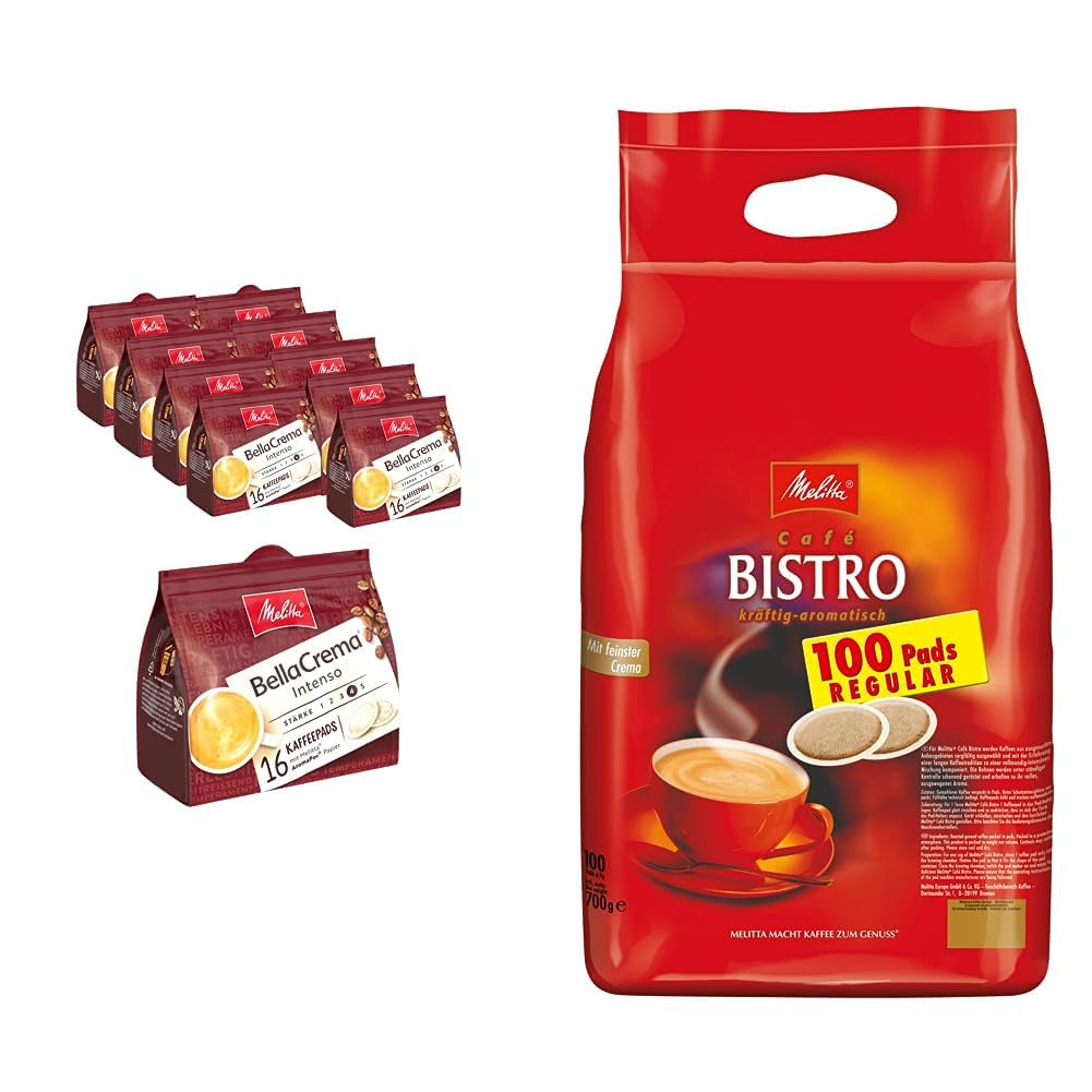 Melitta BellaCrema Intenso gemahlener Röstkaffee en Kaffee-Pads 10 x 16 monodosis & Café Bistro Röstkaffee en Kaffee-Pads, 100 monodosis