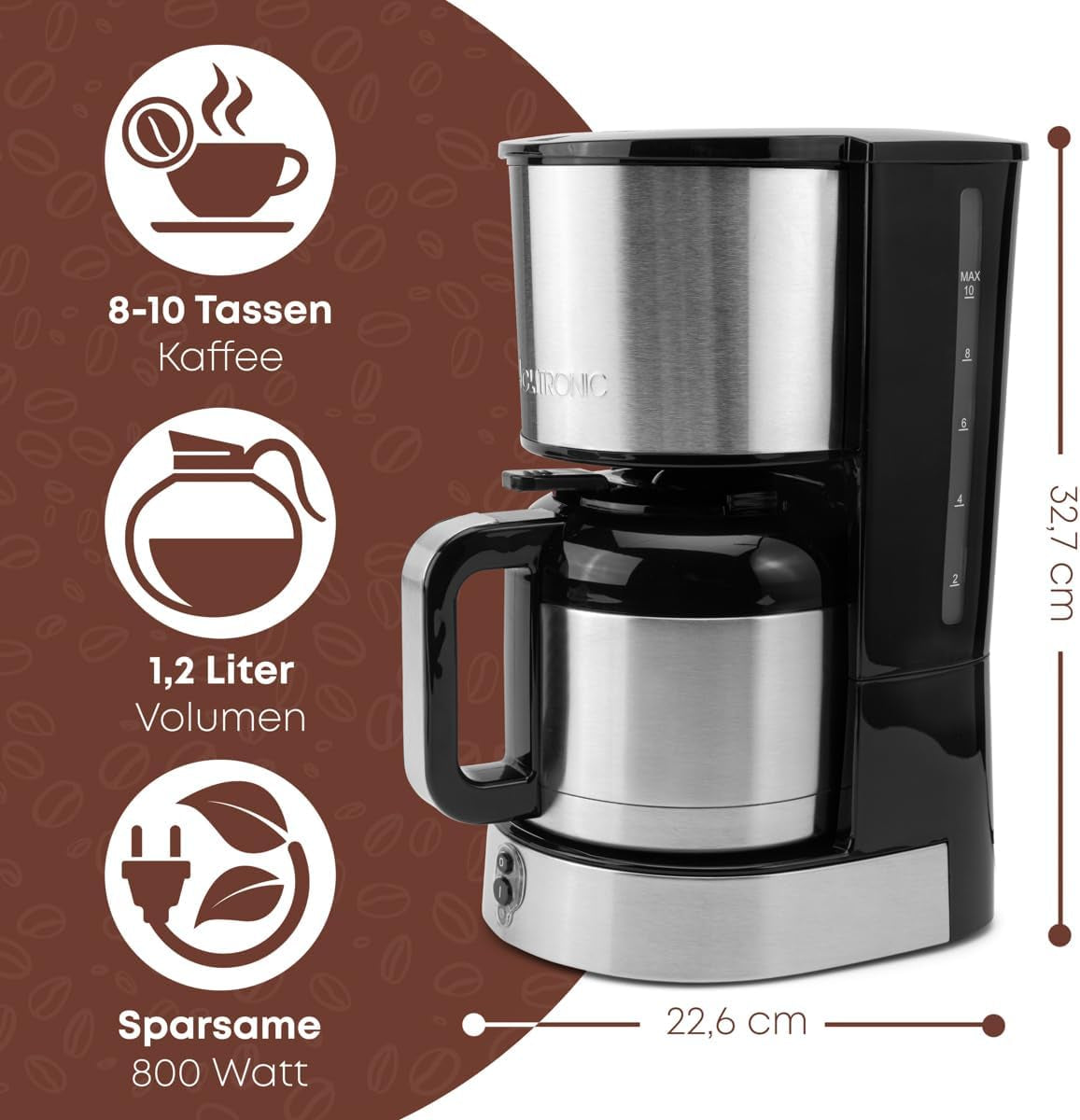 Cafetera Clatronic® con jarra termo para 8-10 tazas de café (aprox. 1,2 l) | Cafetera de filtro de acero inoxidable | Jarra Termo de Doble Pared | Sin pérdida de temperatura | Cafetera 800 W | KA 3805
