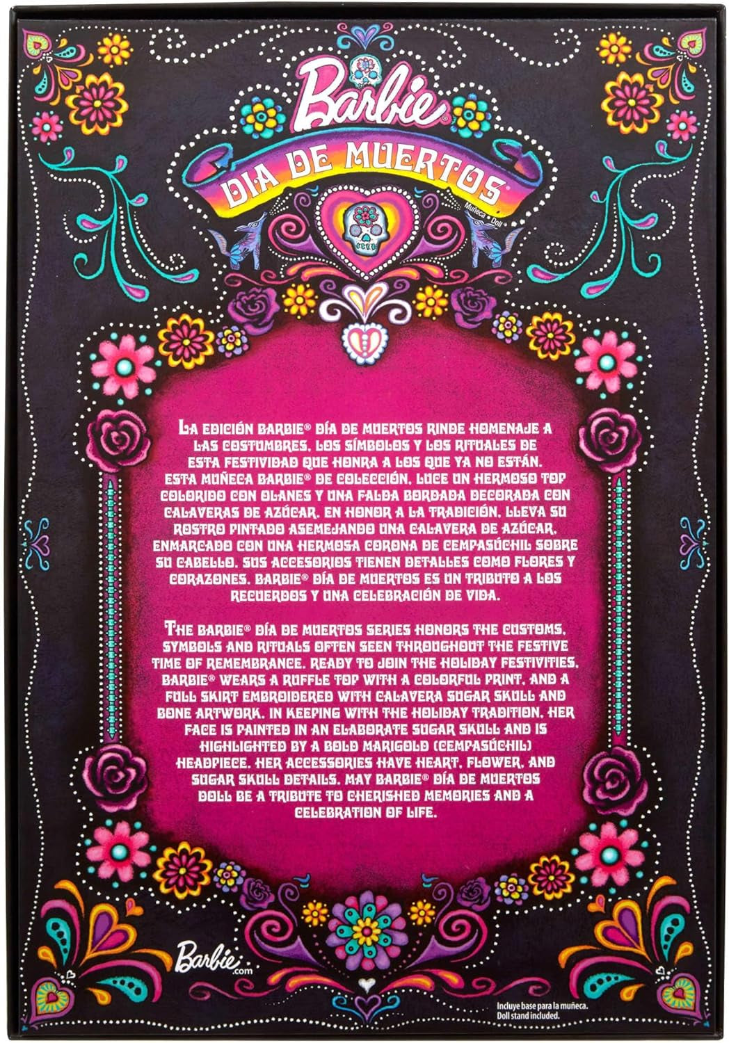 Muñeca Barbie Signature, figura coleccionable del Día de Muertos 2024 con vestido negro y top con volantes azul, estampado bordado y accesorios coloridos, HRM72