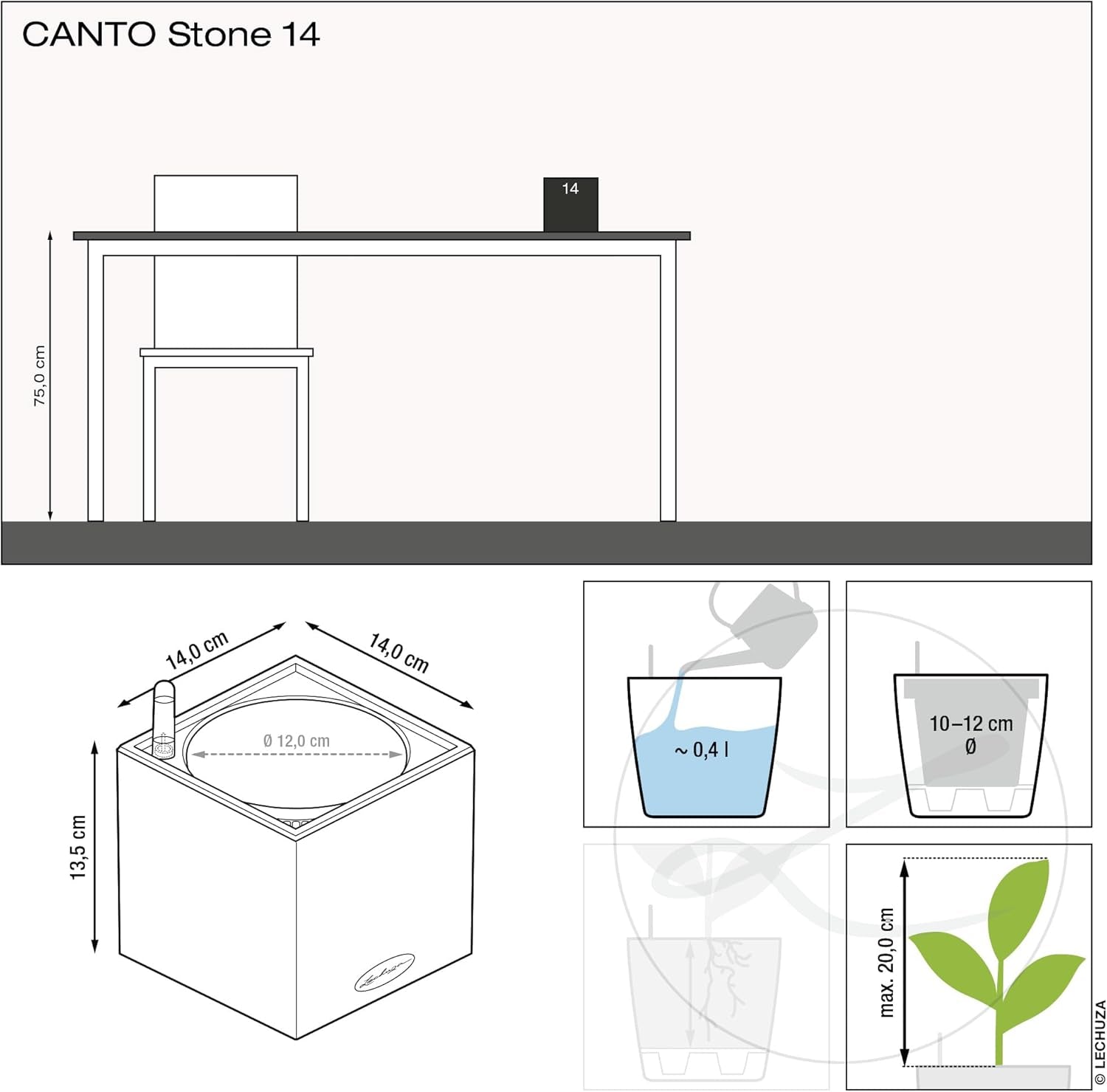 Cubo de hierbas de alta calidad LECHUZA CANTO Stone 14 con sistema de riego por varilla, gris piedra