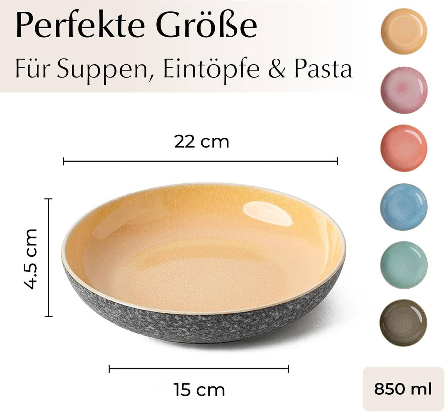 MIAMIO - Platos Llanos, Juego de 6 (850ml) / Platos de Pasta Grandes y Hondos, Juego de Platos para 6, Ensaladera de Cerámica / Apto para Lavavajillas y Microondas - Colección Las Palmitas
