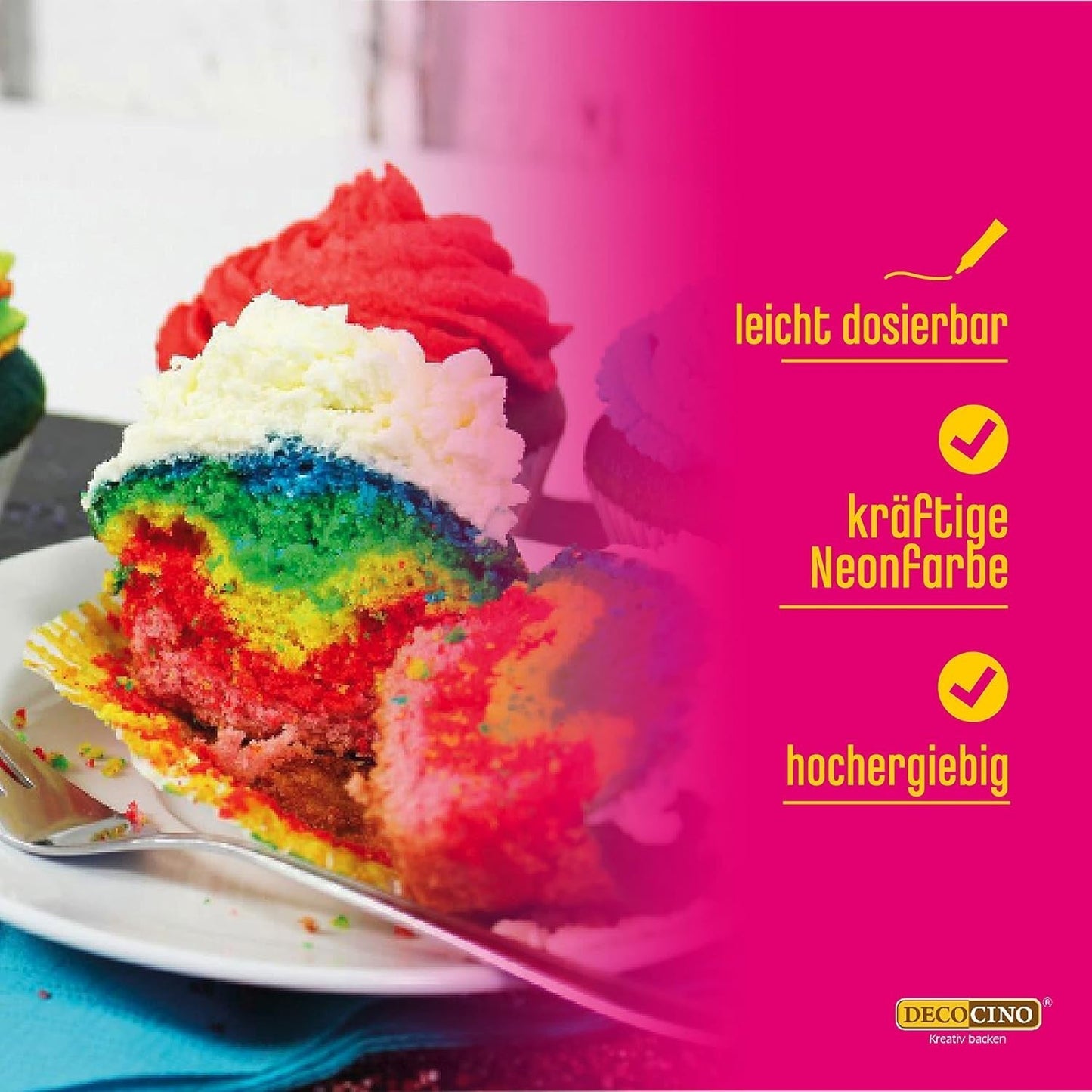 Decocino Juego de colorantes alimentarios de neón - 3 piezas - Rojo, rosa, morado - Colorante alimentario en dosis altas - Para colorear pasteles, muffins y cupcakes - Sin sabor