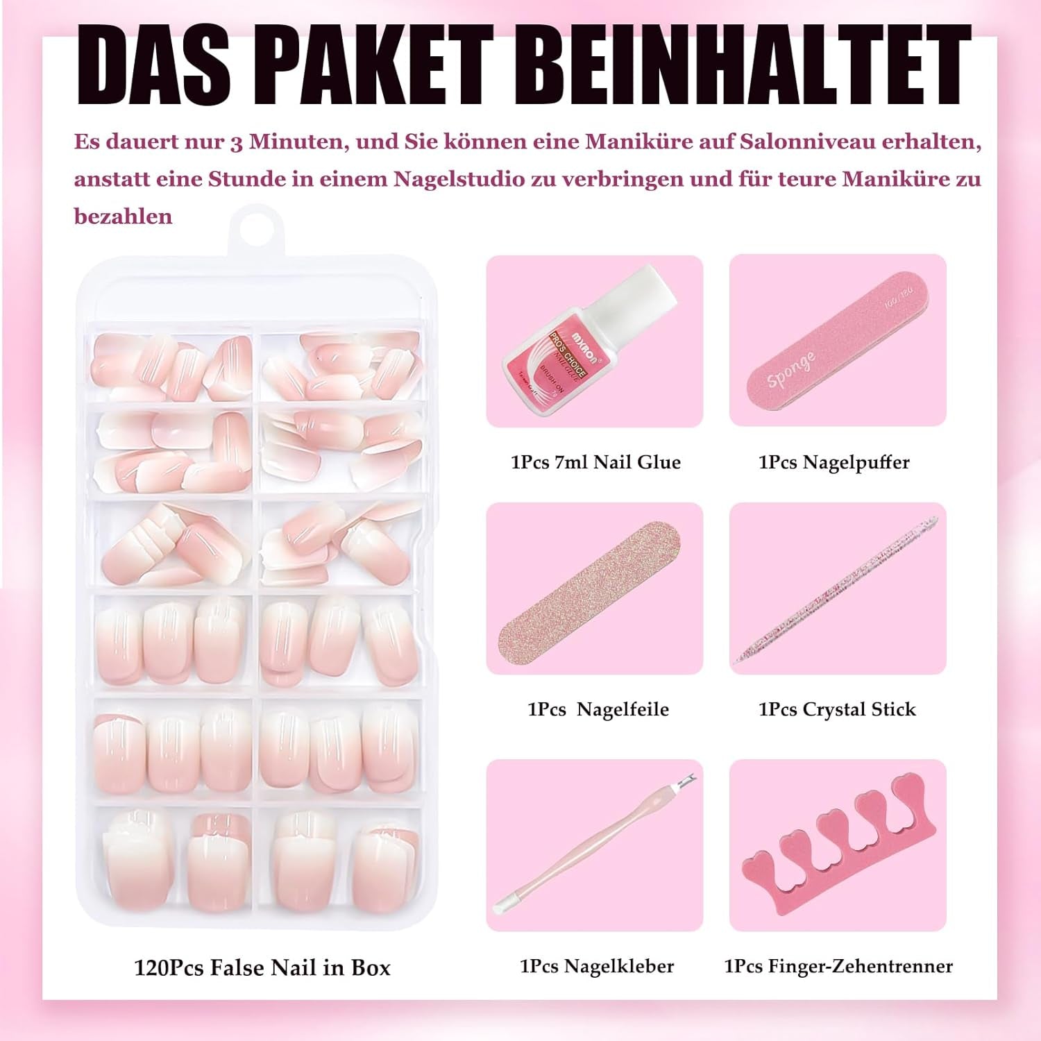 120 piezas de uñas postizas de color rosa nude con pegamento para uñas - 12 tamaños de uñas cortas ovaladas cuadradas a presión - Hermosas uñas, pegamento en uñas artificiales - Adecuado para el diseño de uñas de bricolaje para mujeres (degradado rosa Squaval)