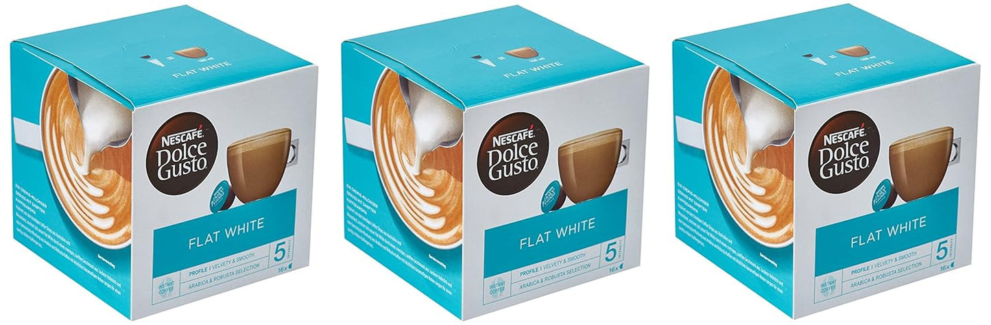NESCAFÉ Dolce Gusto Flat White, 48 cápsulas de café, Arábica y Robusta Bohnen, Cremig-Milchiger Genuss, Kaffeekreation, Coffee-Shop Trend, Aromaversiegelte, paquete de 9 (3x16 cápsulas)