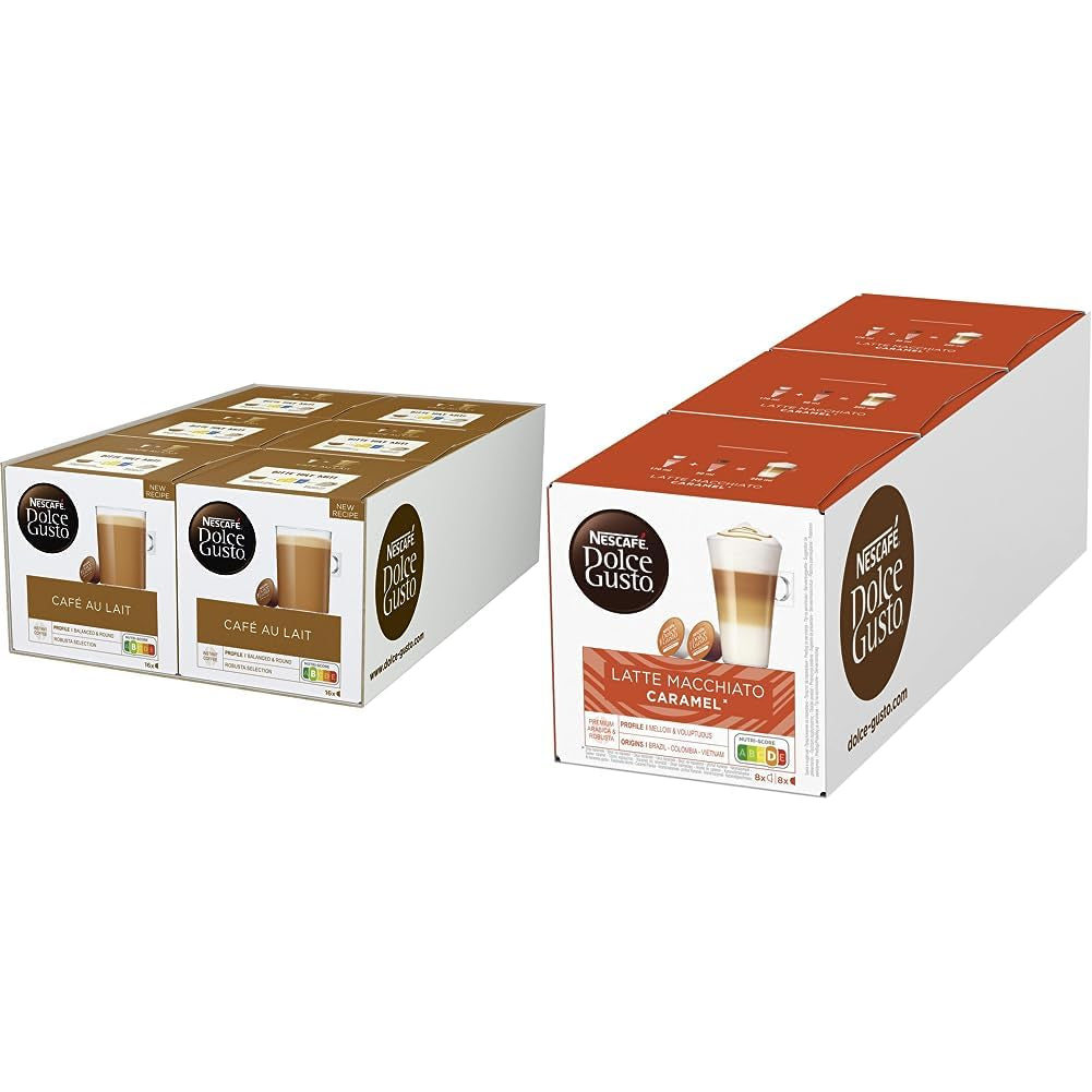 NESCAFÉ Dolce Gusto Café au Lait 96 cápsulas de café y Latte Macchiato Caramel, 48 cápsulas de café