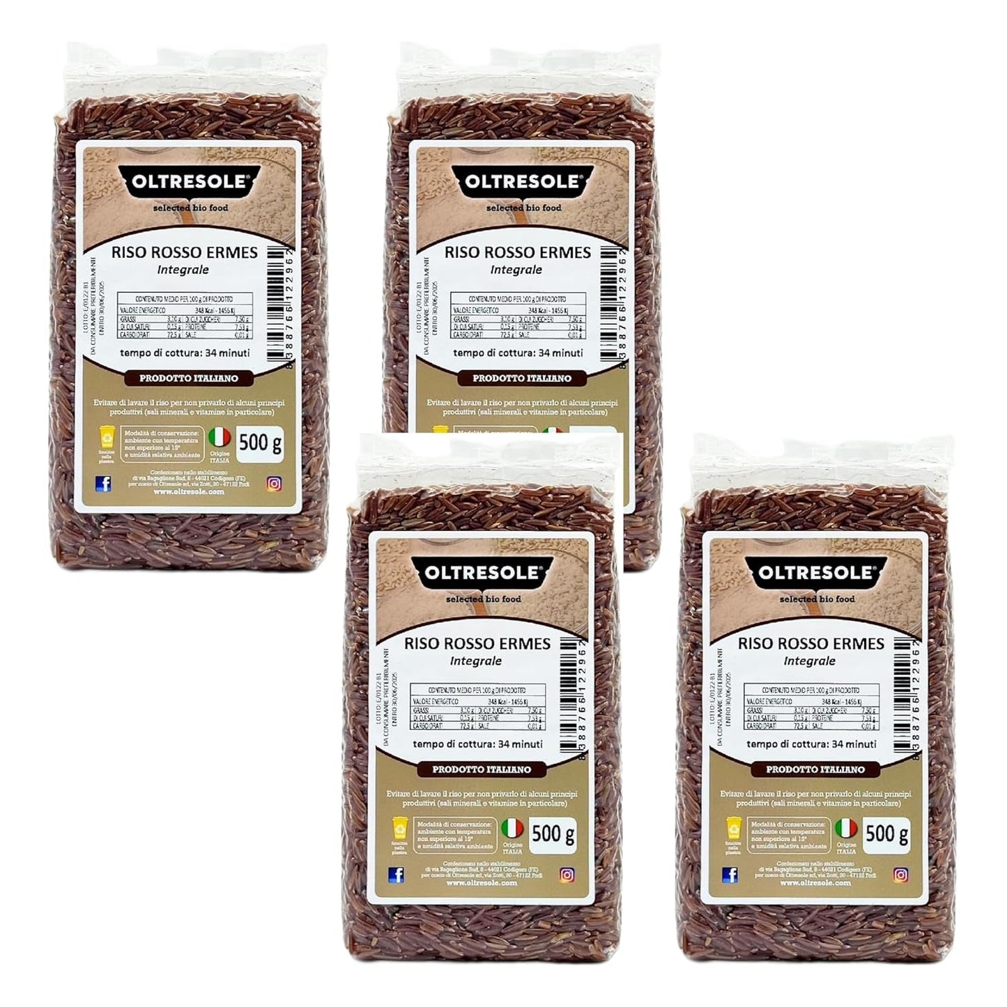 Arroz Italiano Integral, Arroz Sin Refinar Rico en Fibra, Ideal para Ensaladas de Arroz Creativas y Platos Saludables, Envasado al Vacío, 4 Paquetes x 500g
