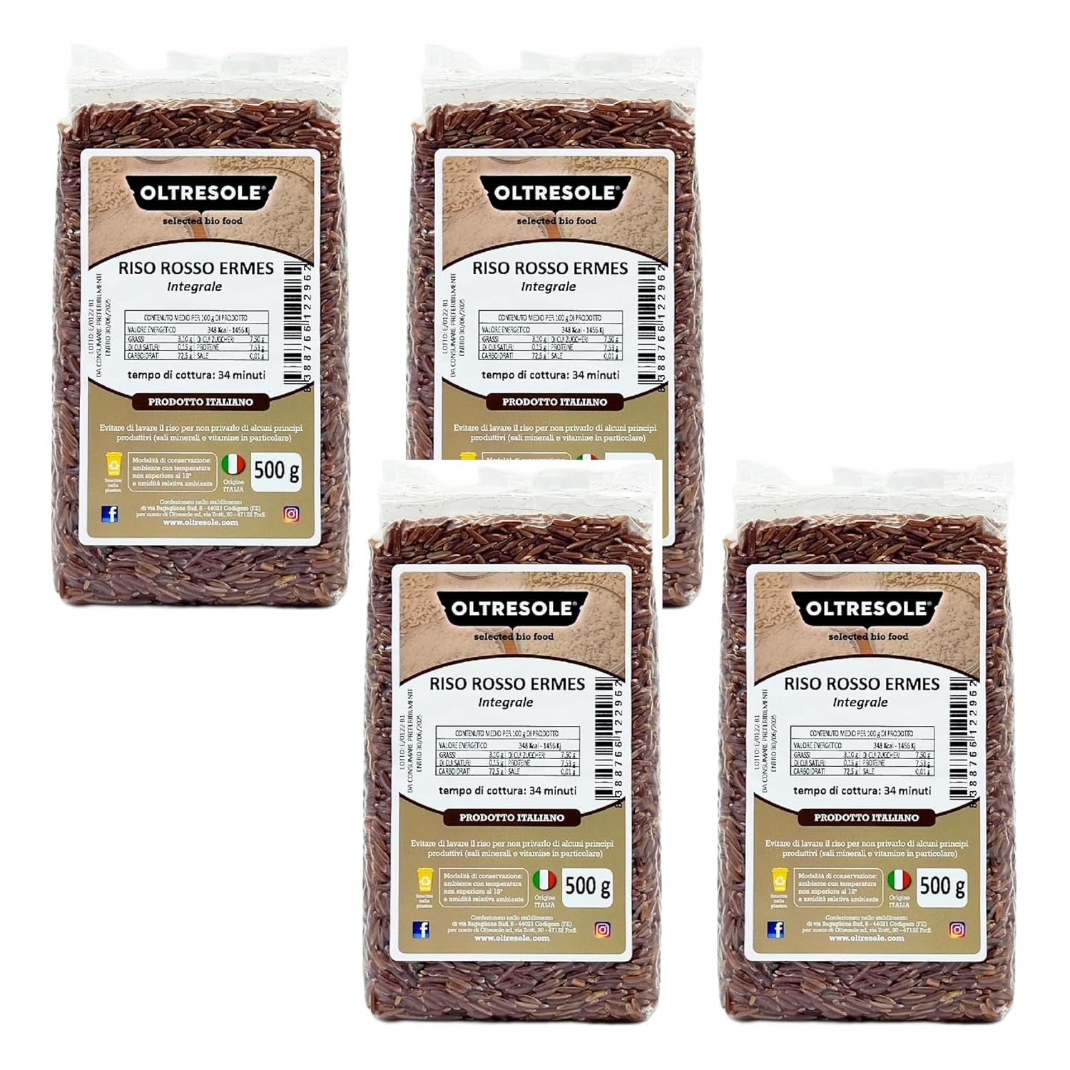 Arroz Italiano Integral, Arroz Sin Refinar Rico en Fibra, Ideal para Ensaladas de Arroz Creativas y Platos Saludables, Envasado al Vacío, 4 Paquetes x 500g
