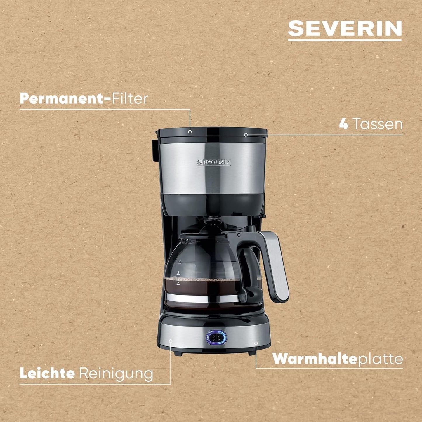 SEVERIN Cafetera espresso compacta, café aromático con cafetera para hasta 4 tazas, cafetera espresso con filtro y filtro oscilante permanente, acero inoxidable/negro, KA 4808