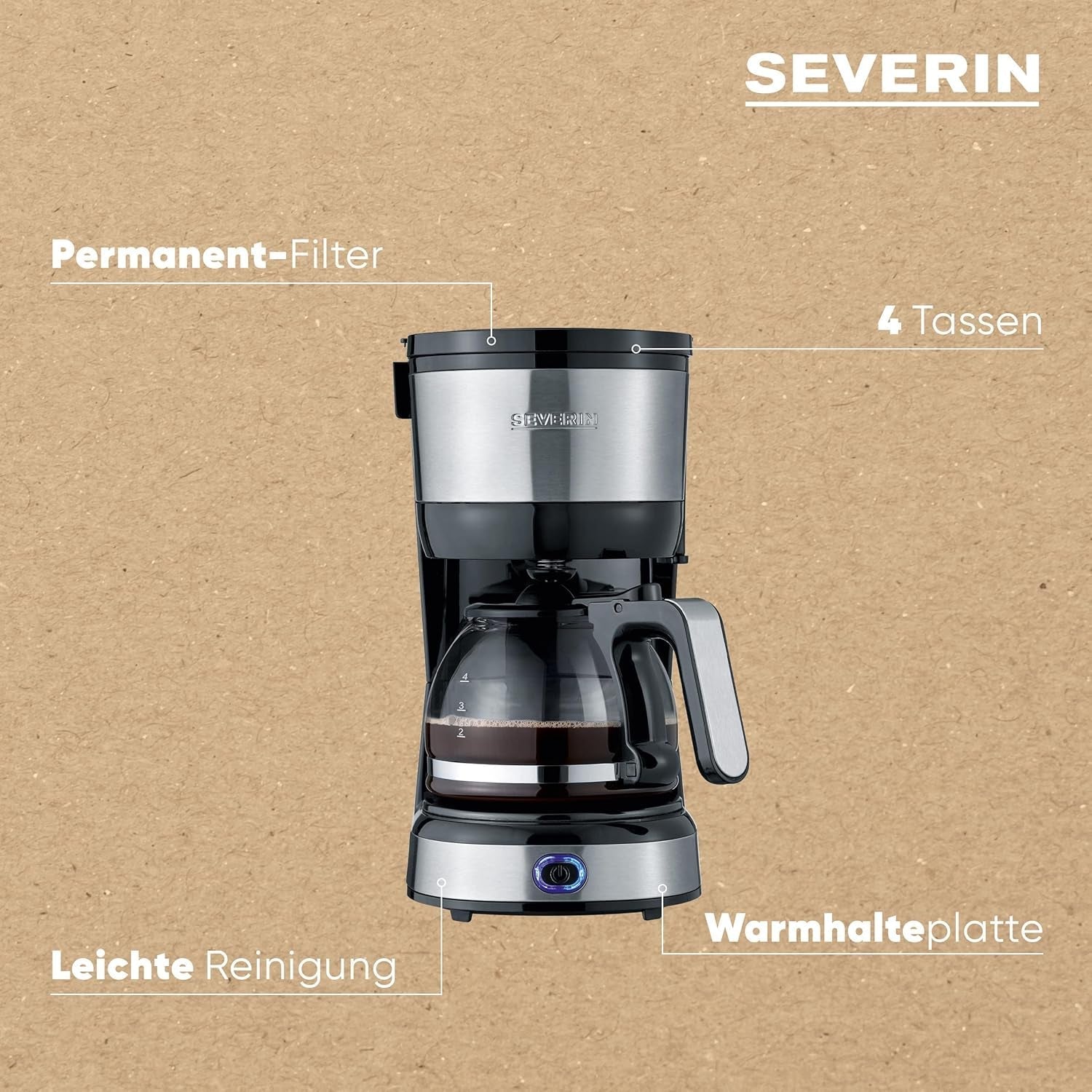 SEVERIN Cafetera espresso compacta, café aromático con cafetera para hasta 4 tazas, cafetera espresso con filtro y filtro oscilante permanente, acero inoxidable/negro, KA 4808