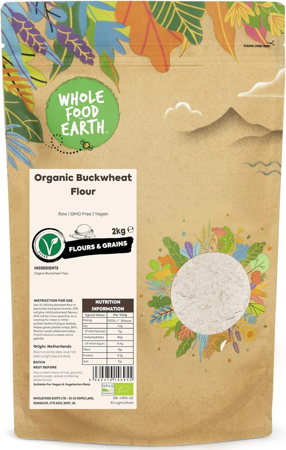 Wholefood Earth Harina de Trigo Sarraceno Orgánica 1kg | Crueles | Sin OGM | Vegano | Certificado orgánico